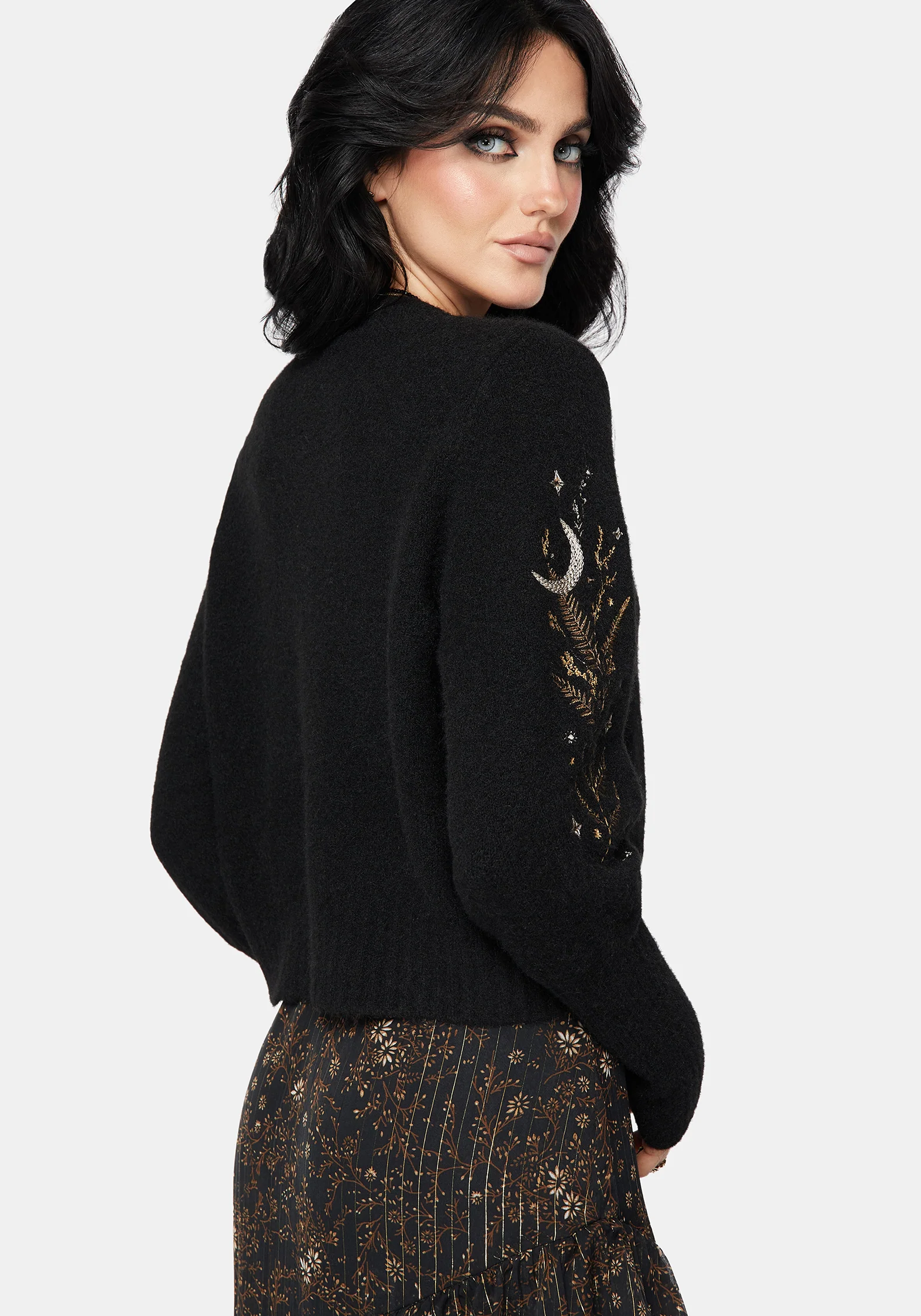 Abellona Floral Moon Embroidered Balloon Sleeve Knit Cardigan - Image 3