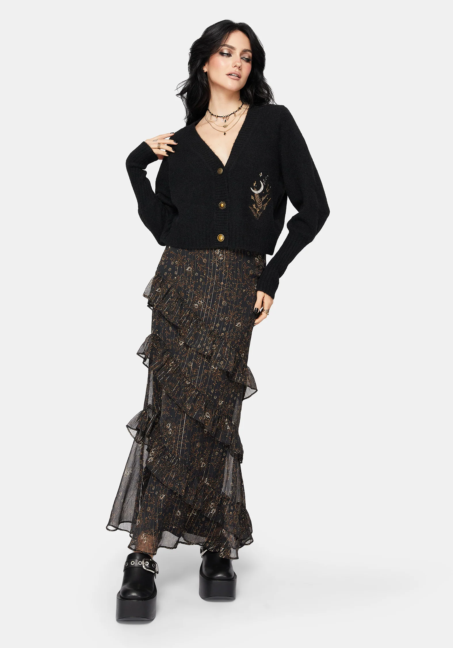 Abellona Floral Moon Embroidered Balloon Sleeve Knit Cardigan - Image 7