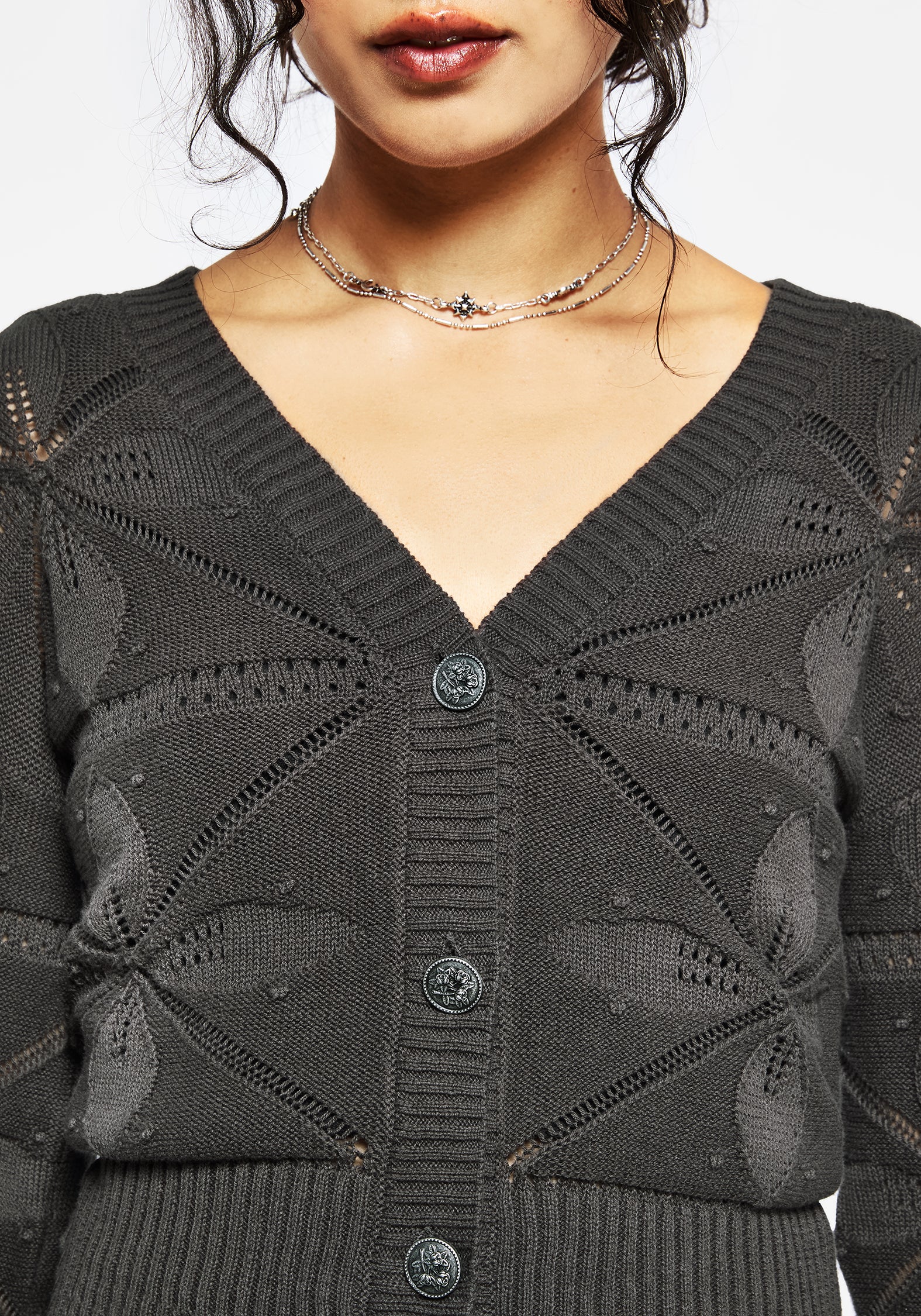 Alda Floral Pointelle Balloon Sleeve Knit Cardigan - Image 2