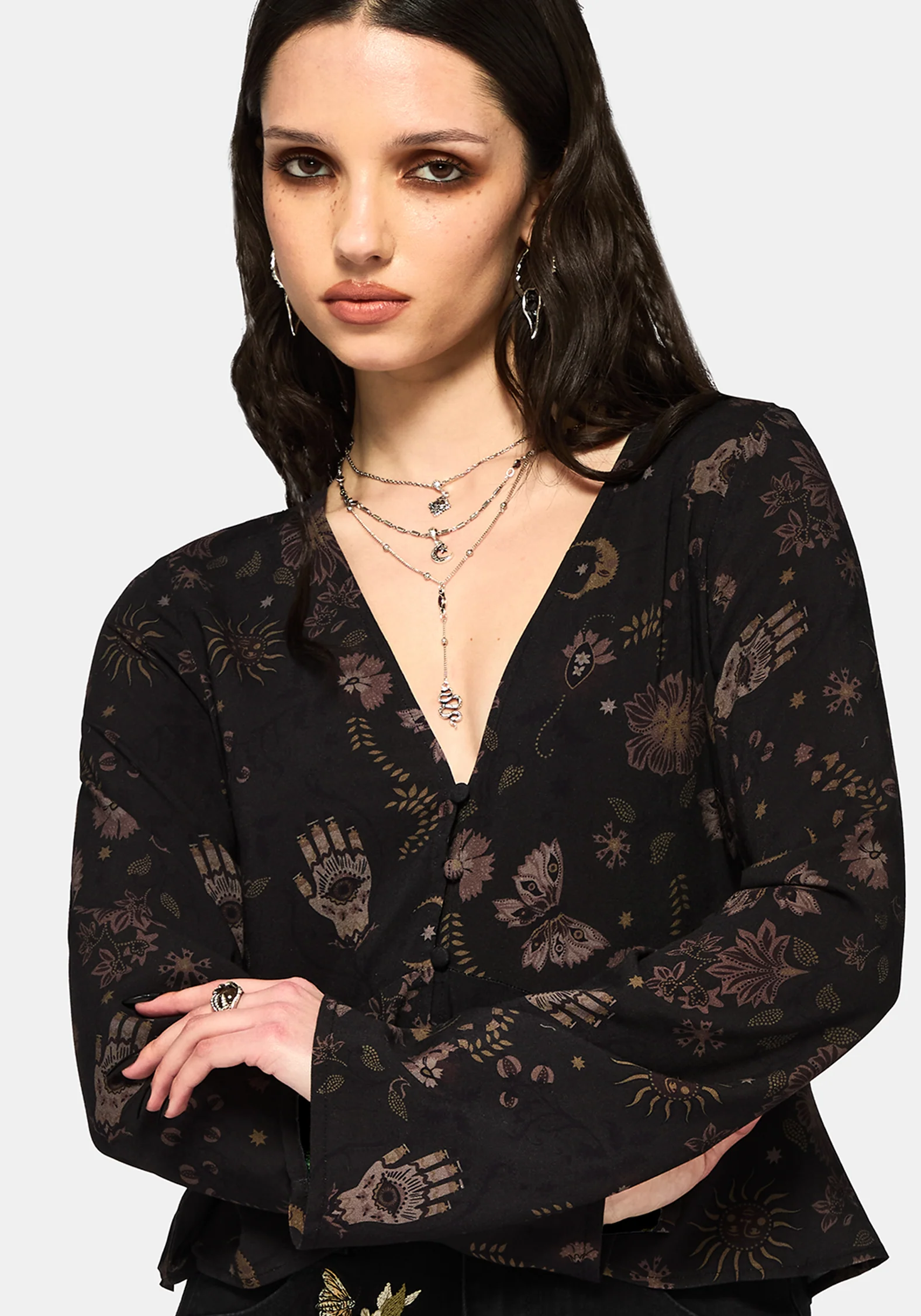 Angela Folk Print Flared Sleeve Blouse - Image 4