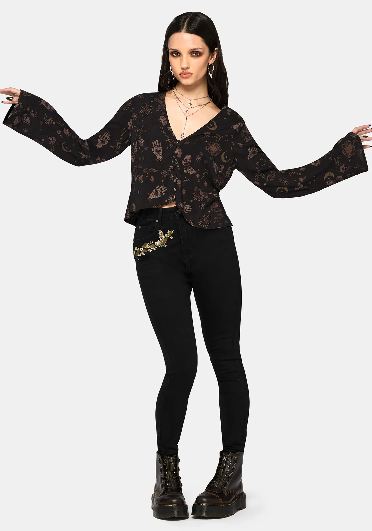 Angela Folk Print Flared Sleeve Blouse - Image 5