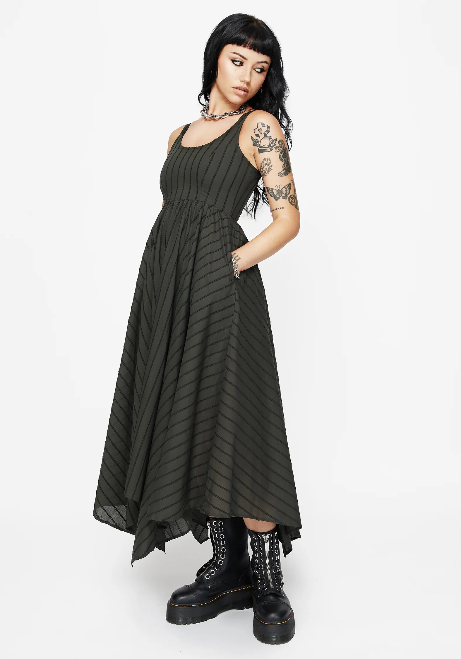 Blythe Cotton Handkerchief Hem Midaxi Dress - Dark Green - Image 4
