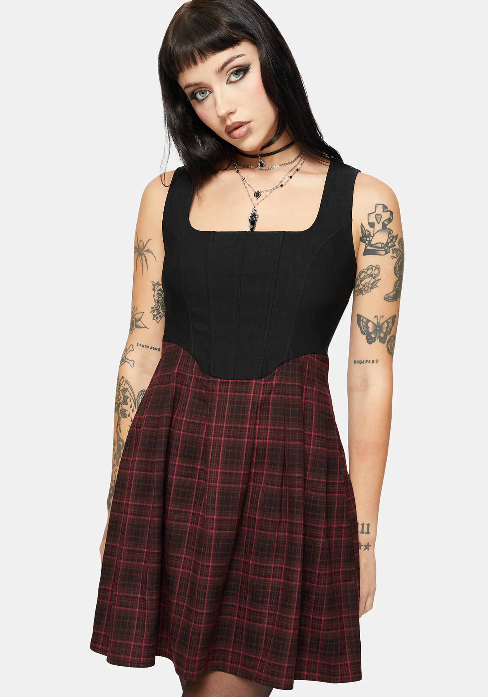Bonnie Mixed Corset Check Pleated Mini Dress