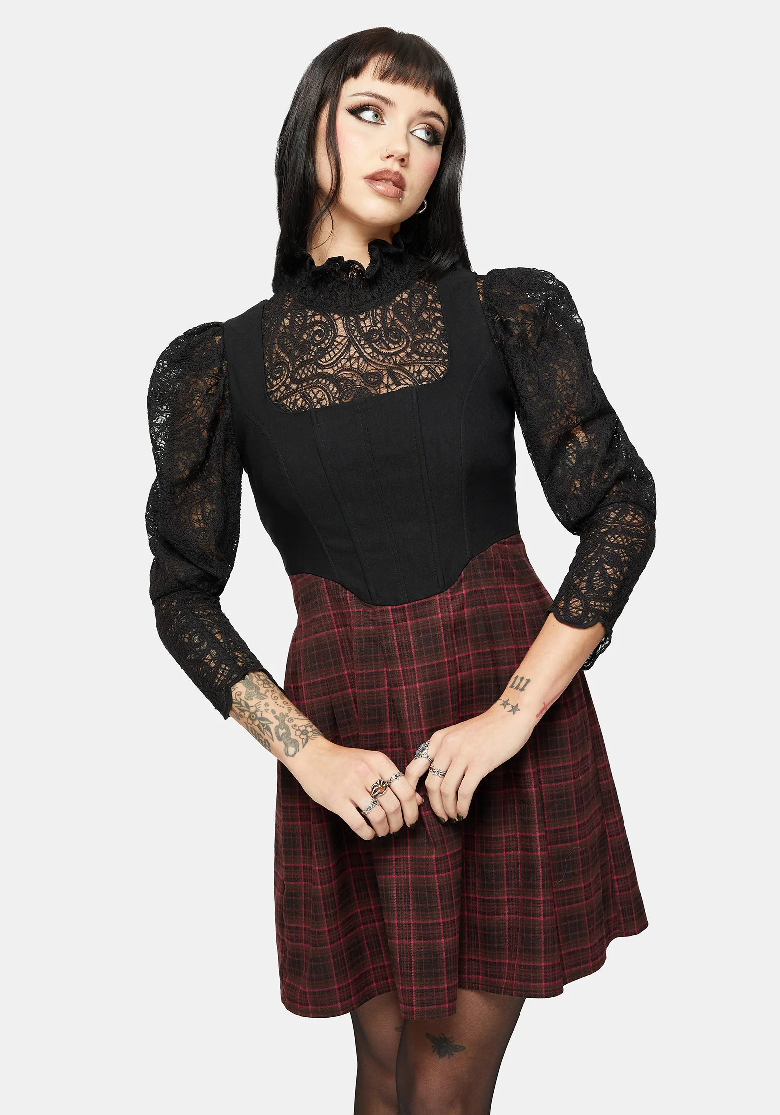 Bonnie Mixed Corset Check Pleated Mini Dress - Image 4