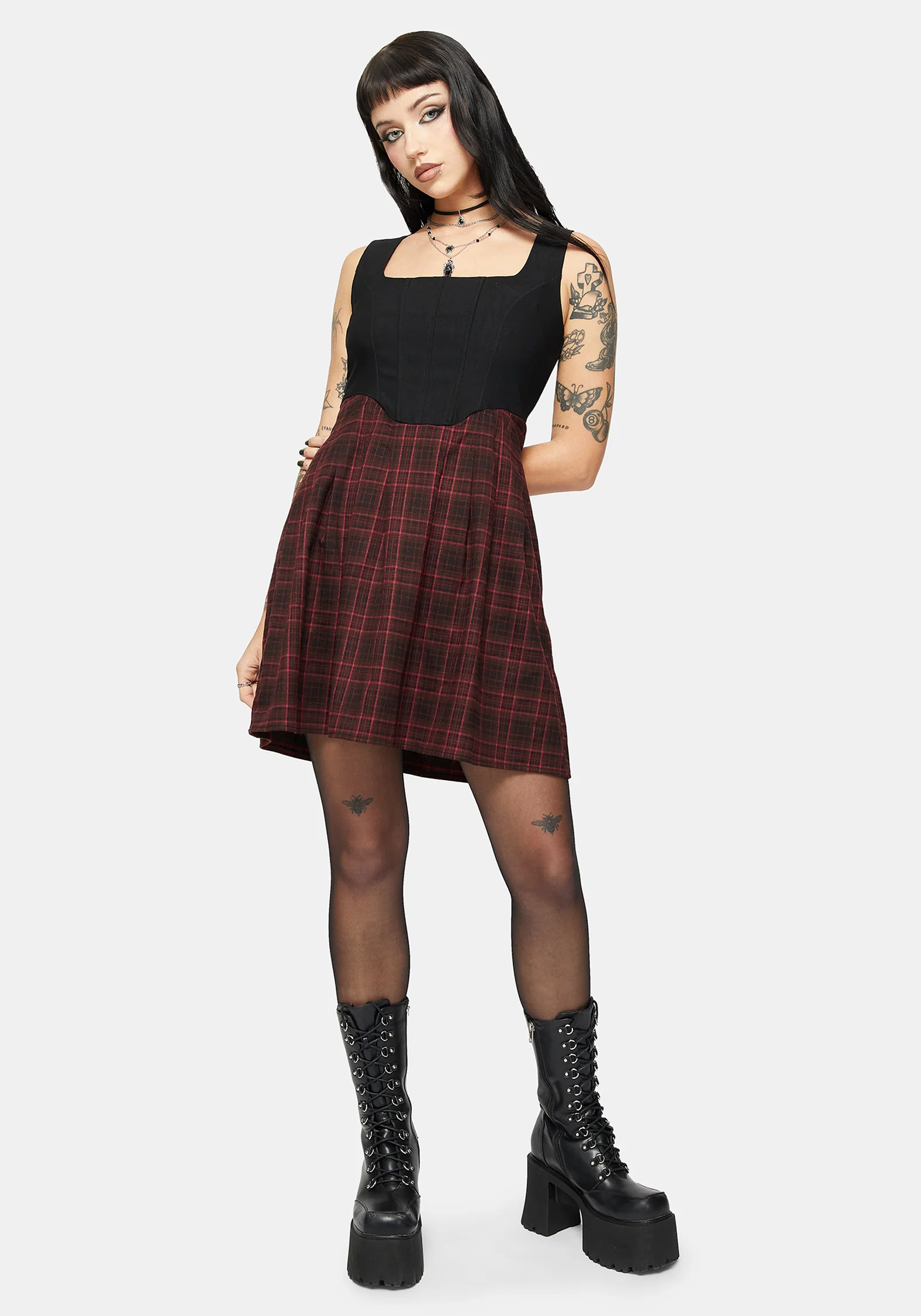 Bonnie Mixed Corset Check Pleated Mini Dress - Image 5