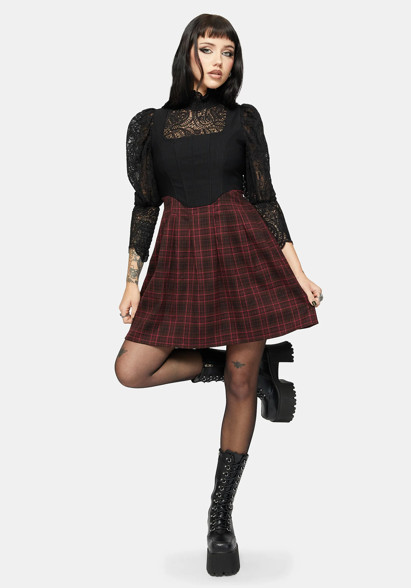 Bonnie Mixed Corset Check Pleated Mini Dress - Image 6
