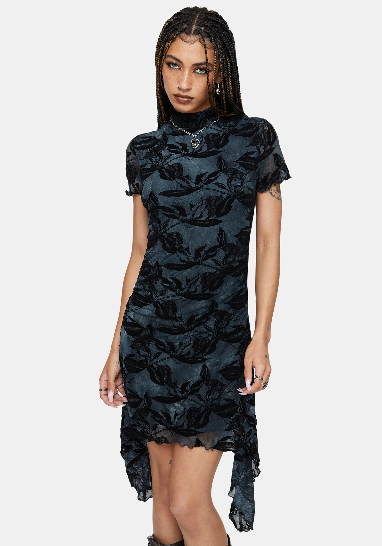 Bryn Floral Flocked Mesh Hanky Hem Mini Dress