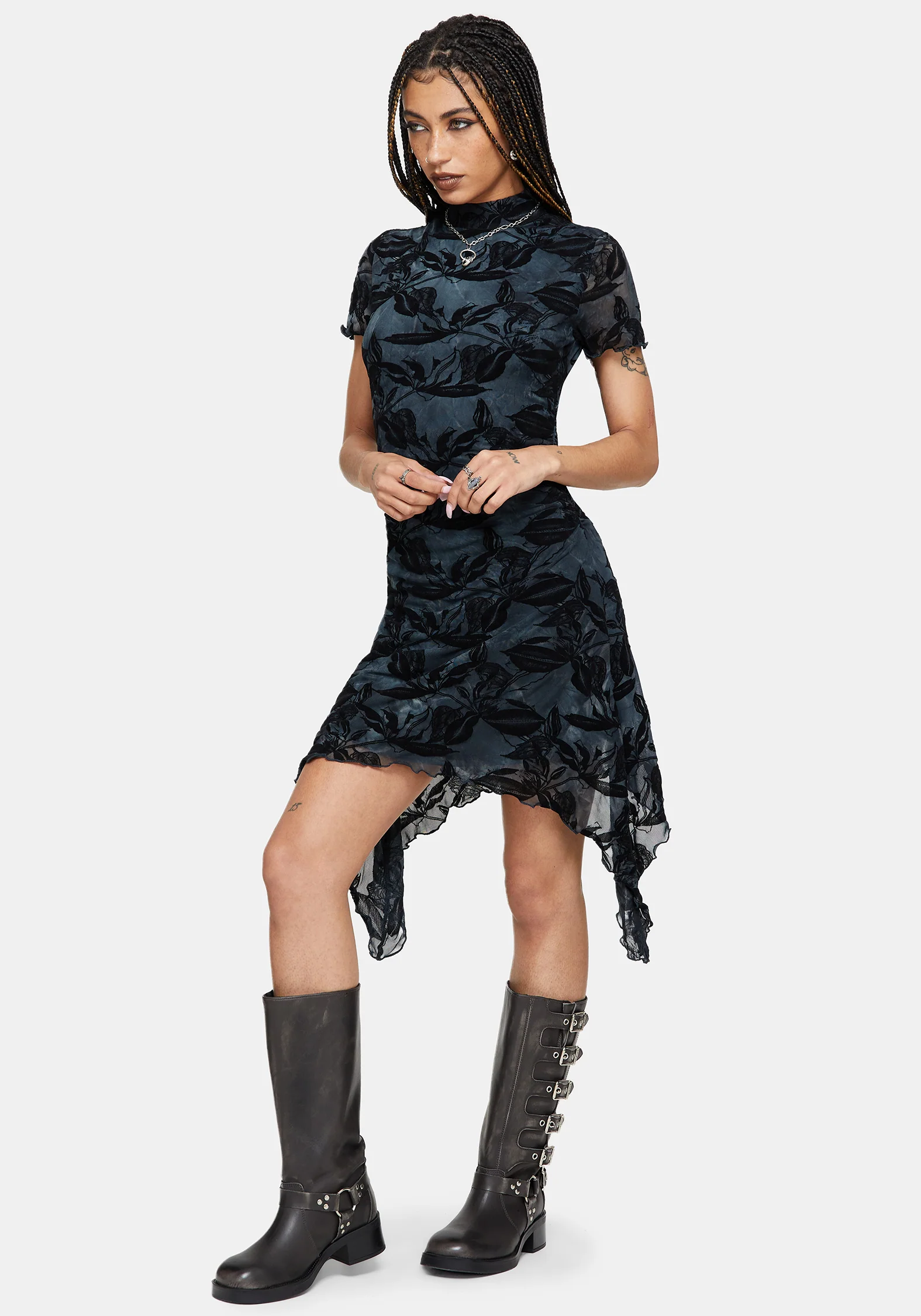 Bryn Floral Flocked Mesh Hanky Hem Mini Dress - Image 4