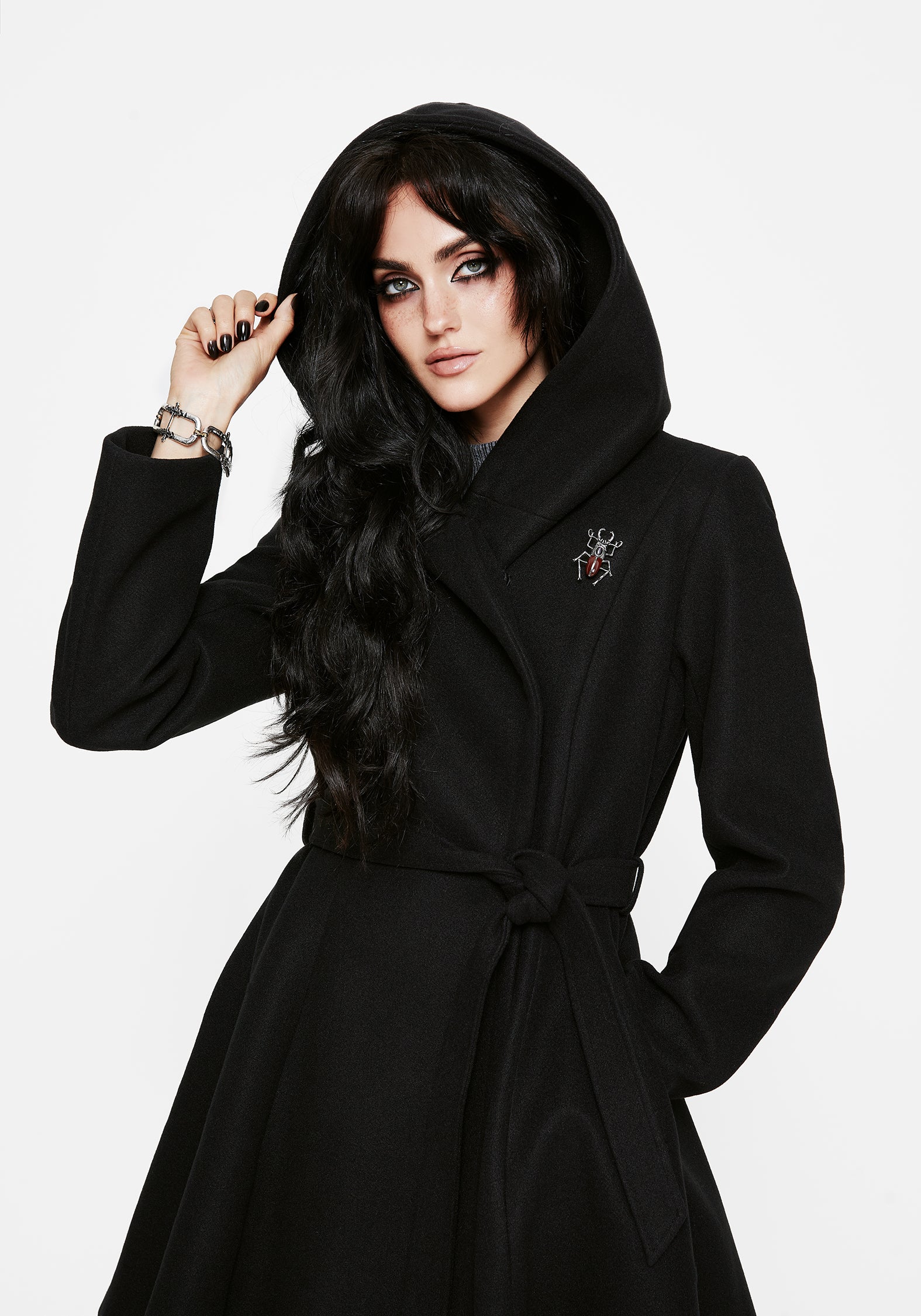 Camilla Tie Waist Hooded Coat With Bug Brooch - Image 6