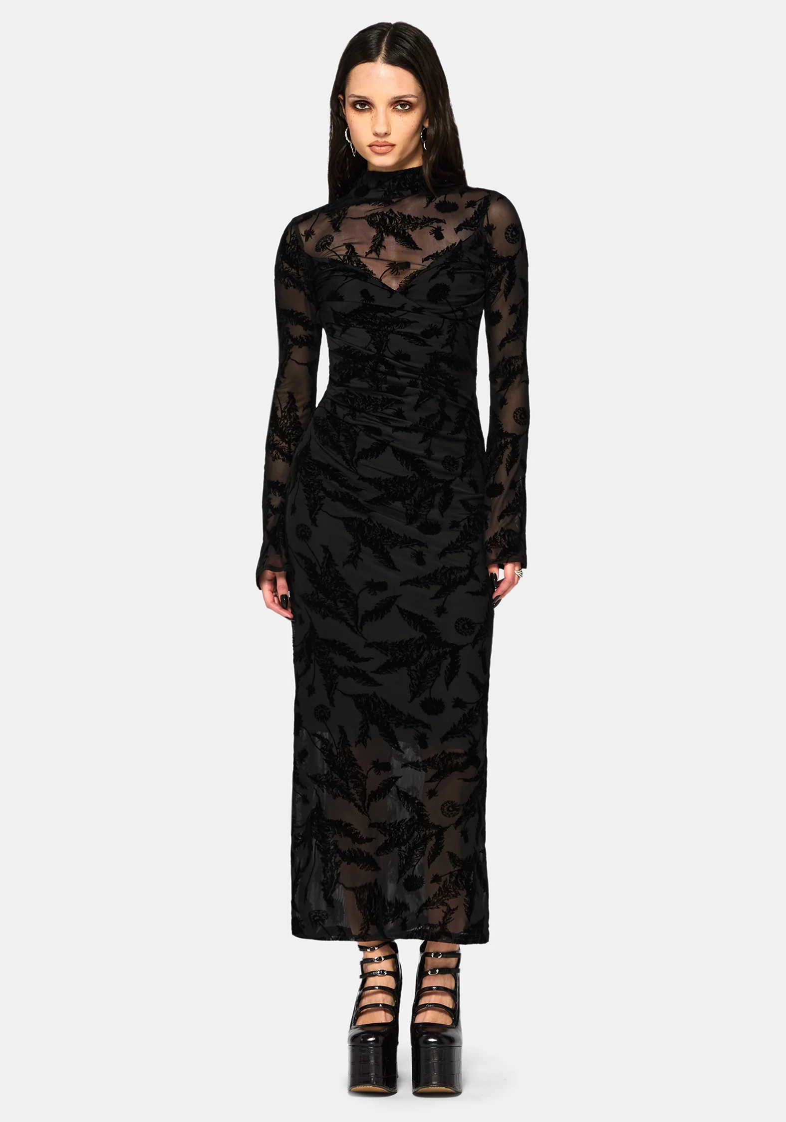 Cimora Dandelion Flocked Mesh Ruched Midaxi Dress - Image 5