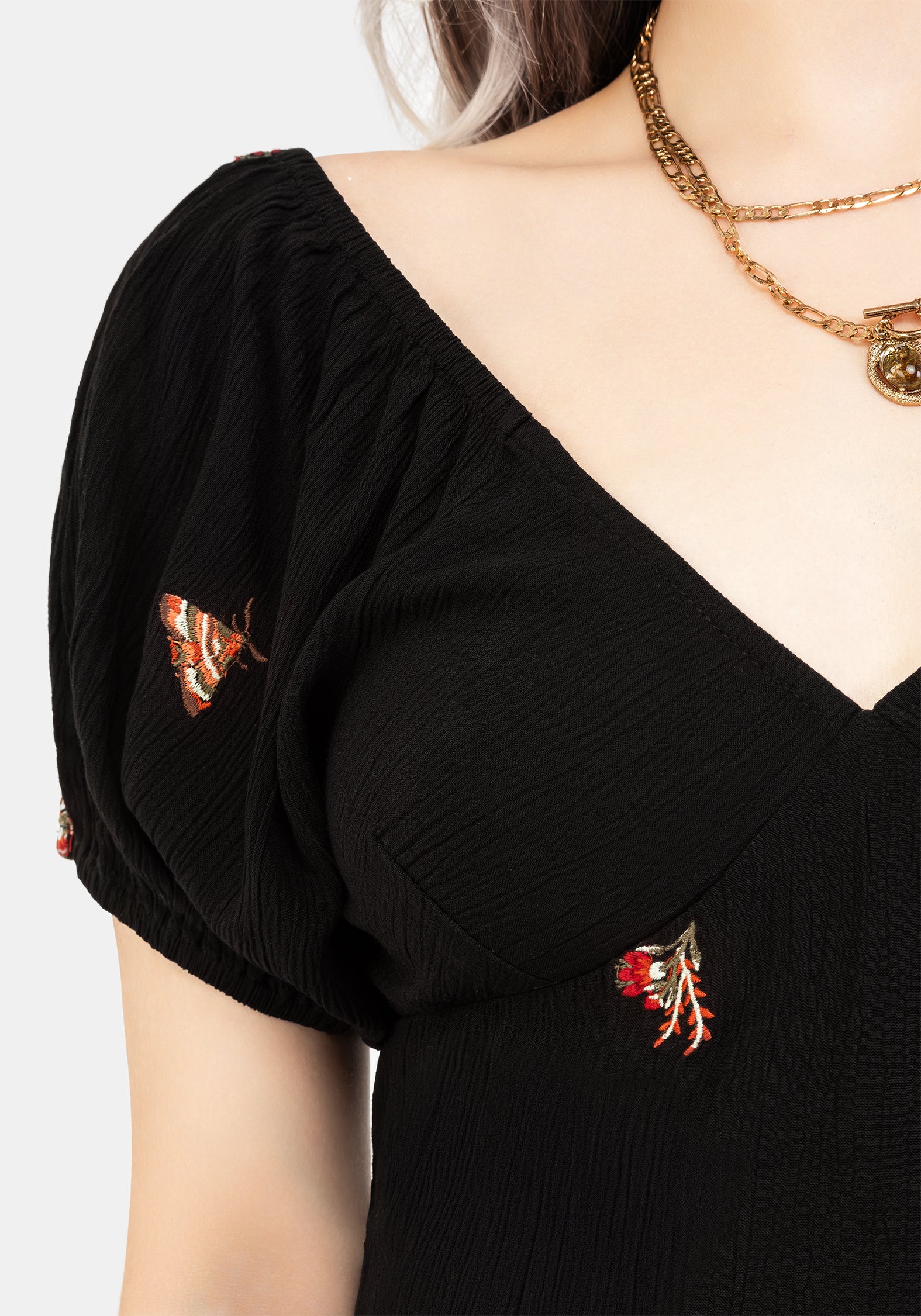 Copia Moth Embroidered Cotton Puff Sleeve Top - Image 2