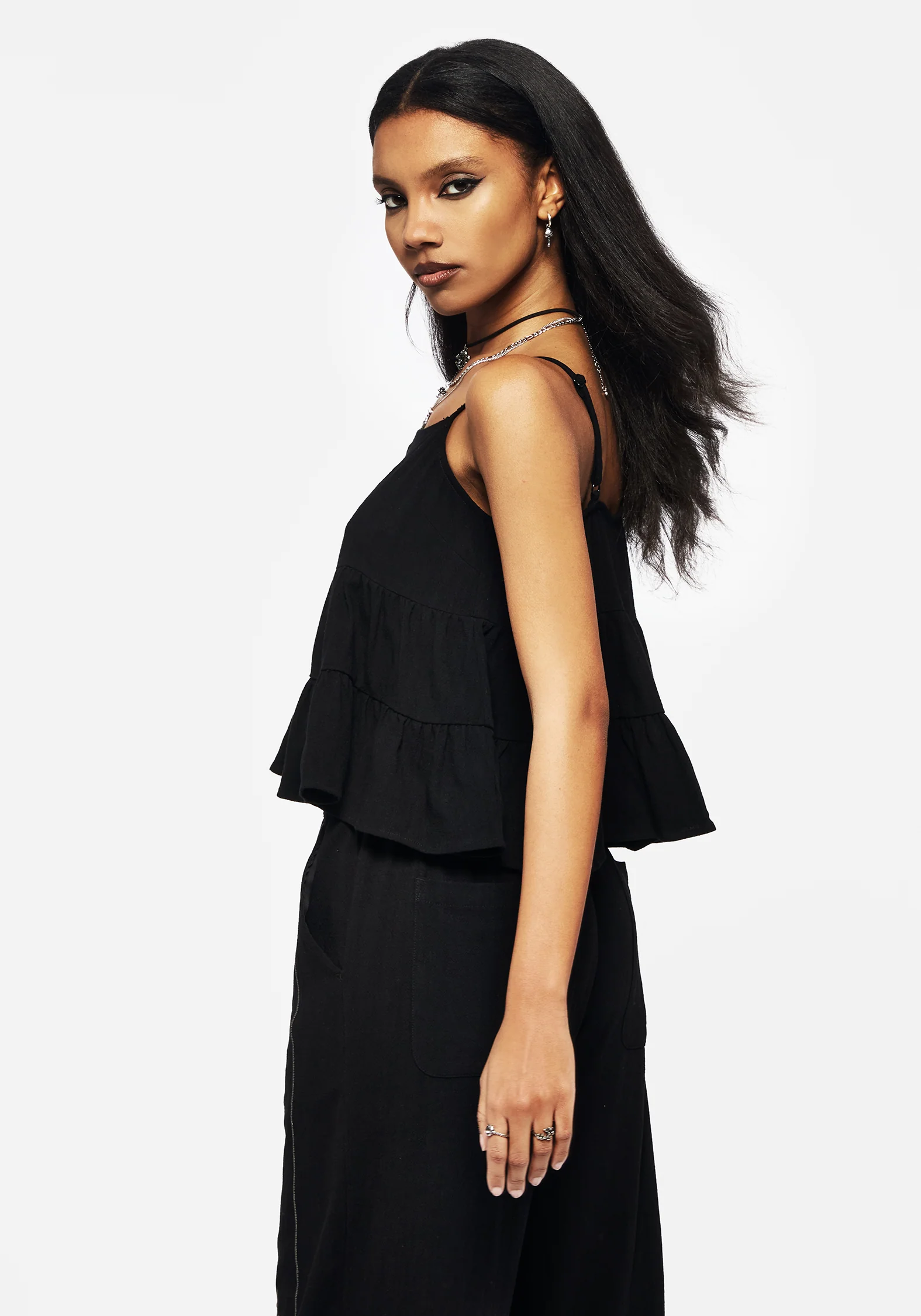Cordata Linen-Blend Embroidered Tiered Cami Top - Black - Image 6