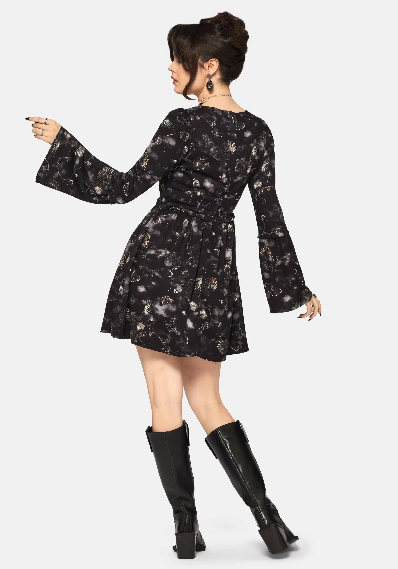 Crimson Magpie and Moth Print Mini Ruffle Dress - Image 3