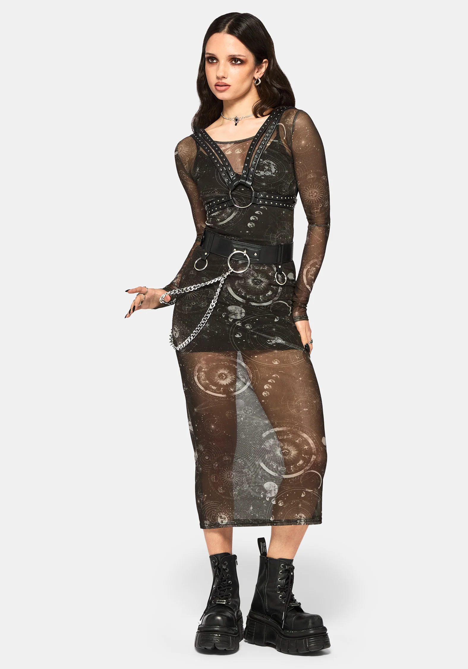 Elise Celestial Print Mesh Midaxi Dress