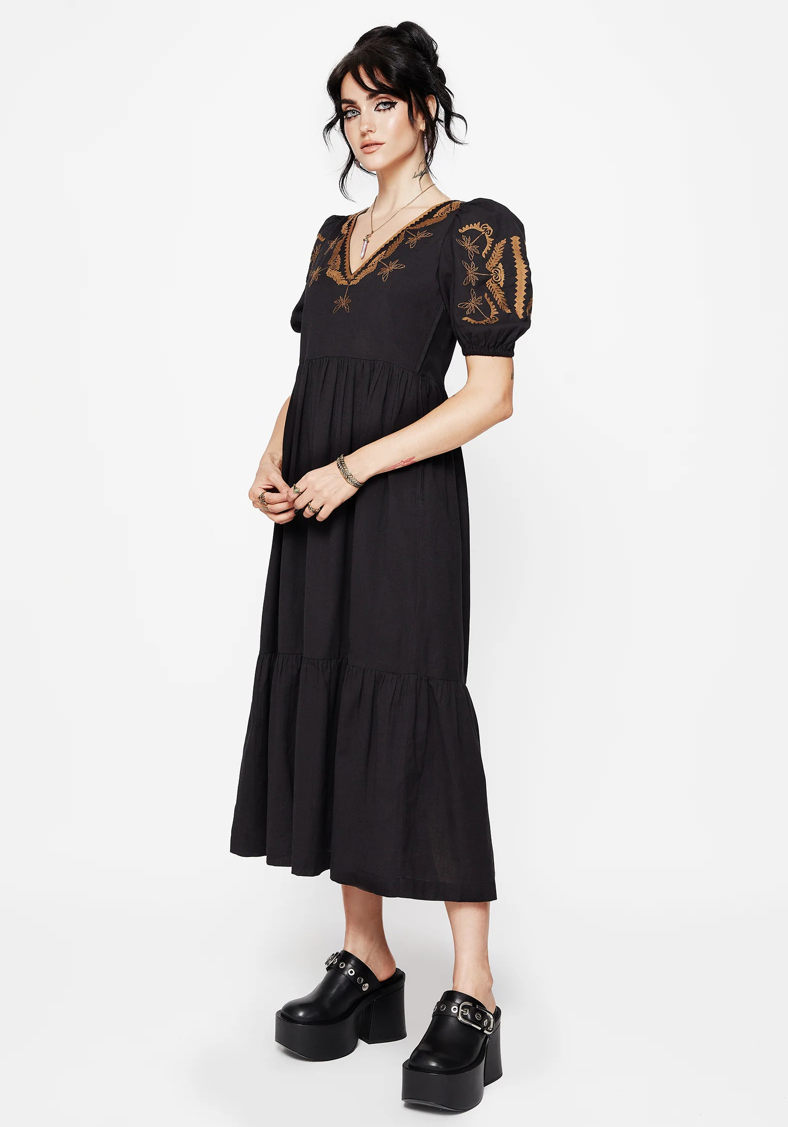 Emberflit Cotton Blend Moth Embroidered Smock Maxi Dress - Image 5