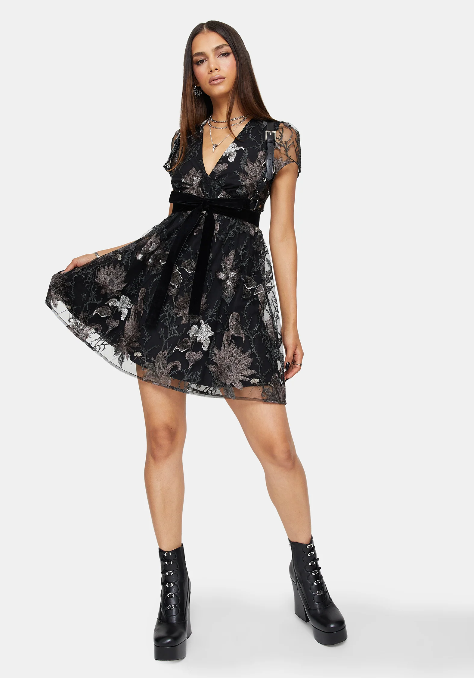 Estrid Embroidered Mesh Flute Sleeve Mini Dress - Silver - Image 5