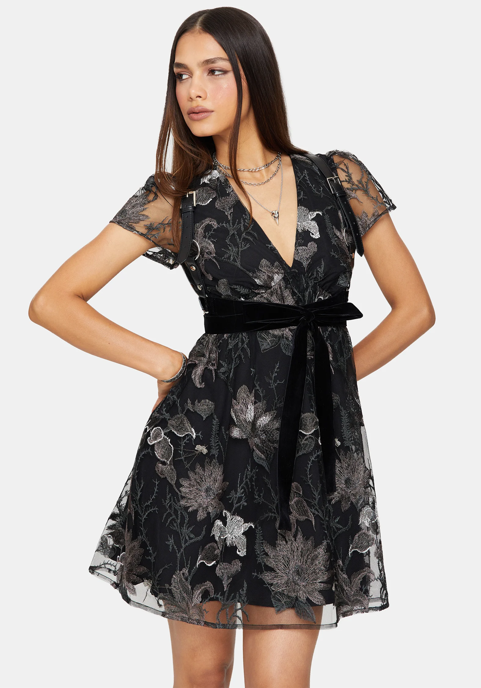 Estrid Embroidered Mesh Flute Sleeve Mini Dress - Silver - Image 6