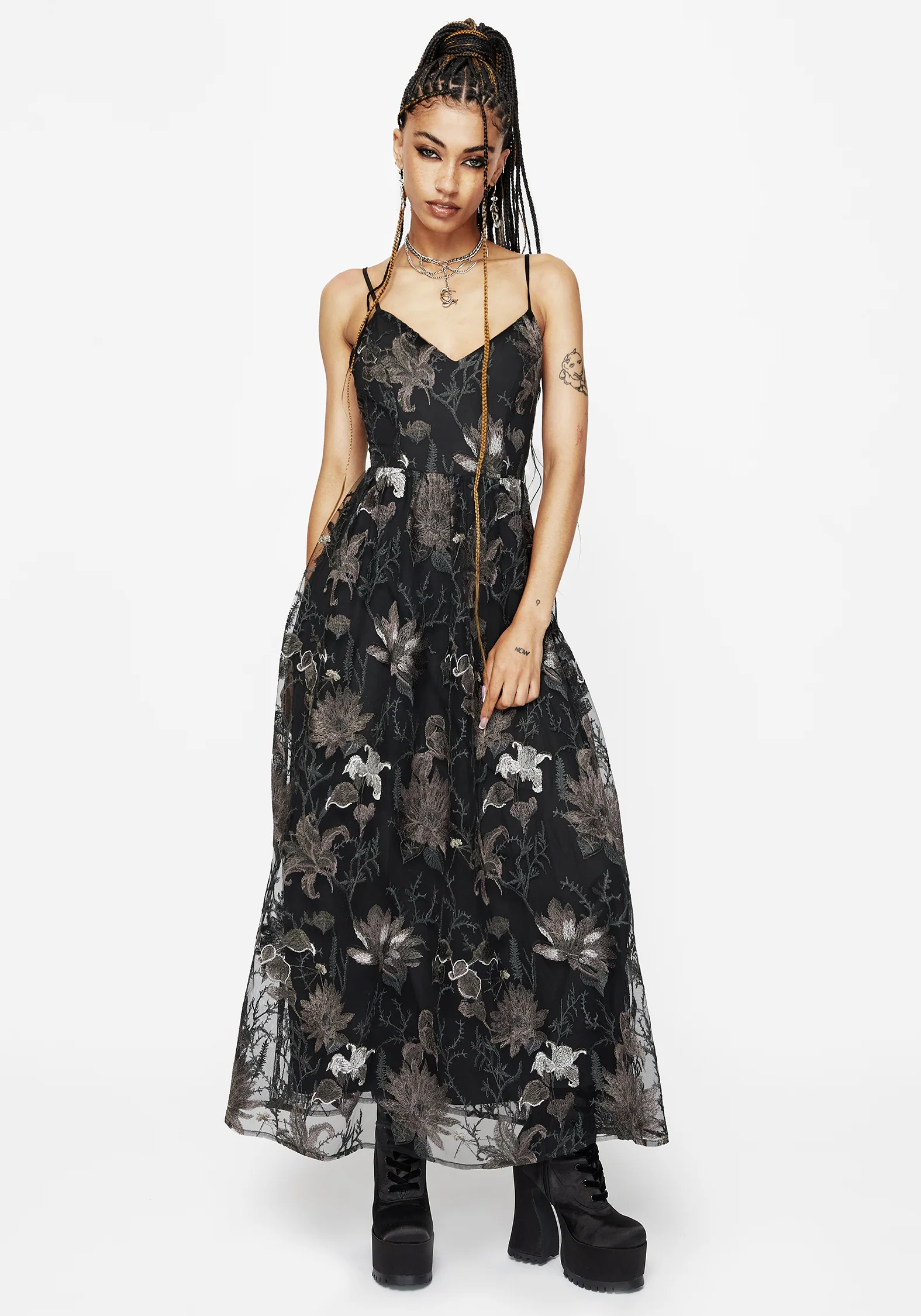 Estrid Embroidered Mesh Midaxi Cami Dress - Silver - Image 5