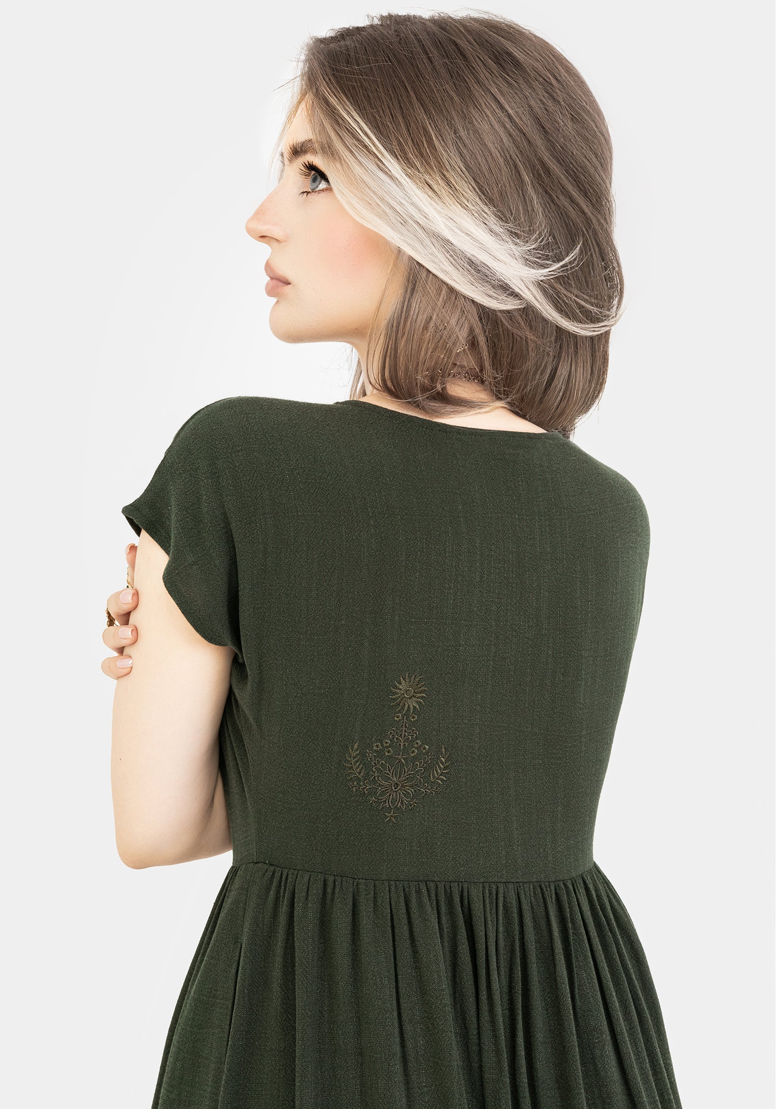 Foliate Linen-Blend Embroidered Button Up Midi Dress - Green - Image 5