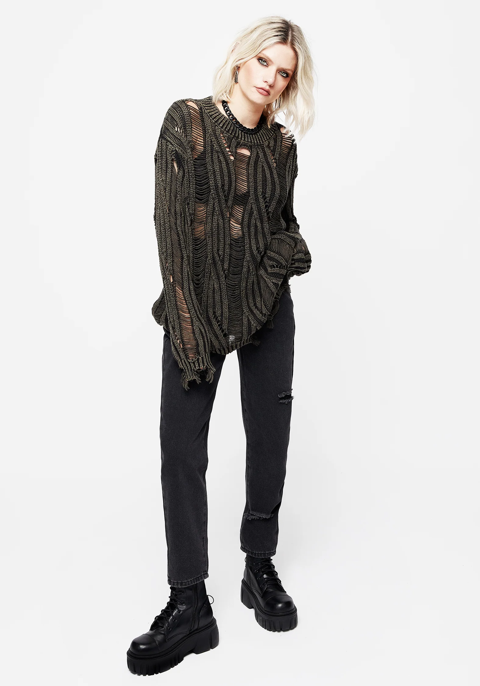 Granite Ladder Stitch Distressed Cable Knit Jumper - Image 6