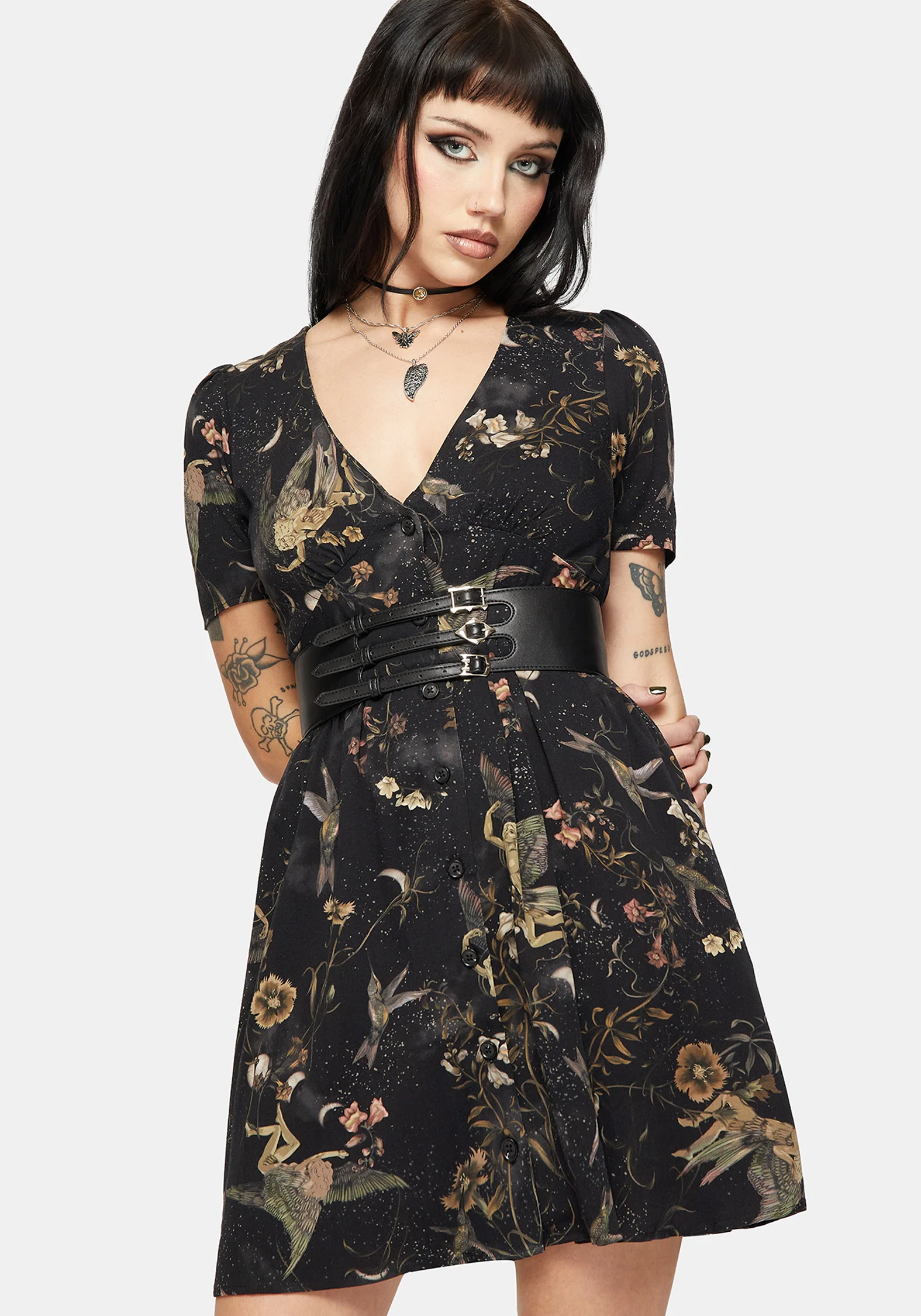 Harpyiai Print Button Up Mini Dress