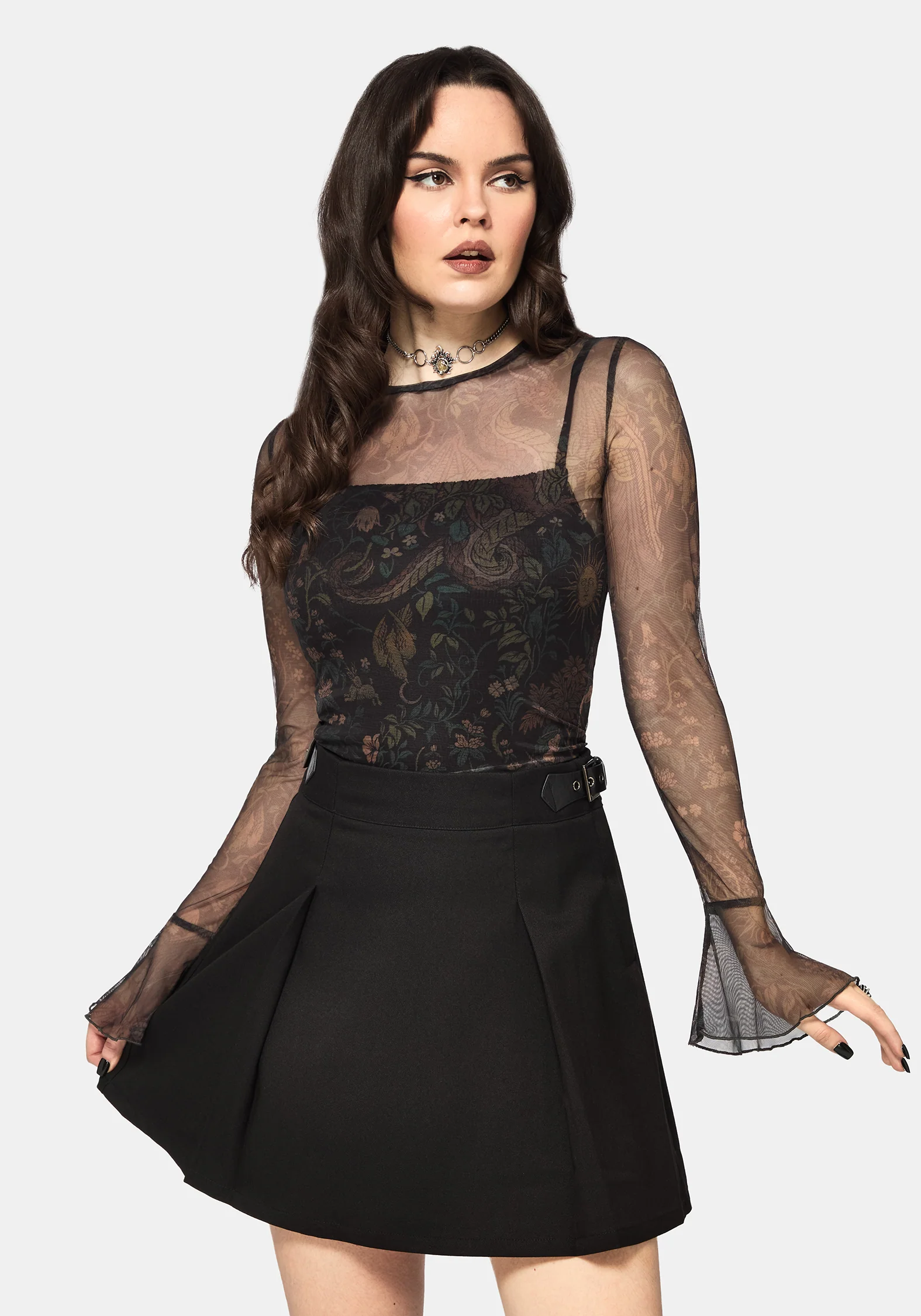 Haunt Fluted Long Sleeved Mesh Print Top - Image 5