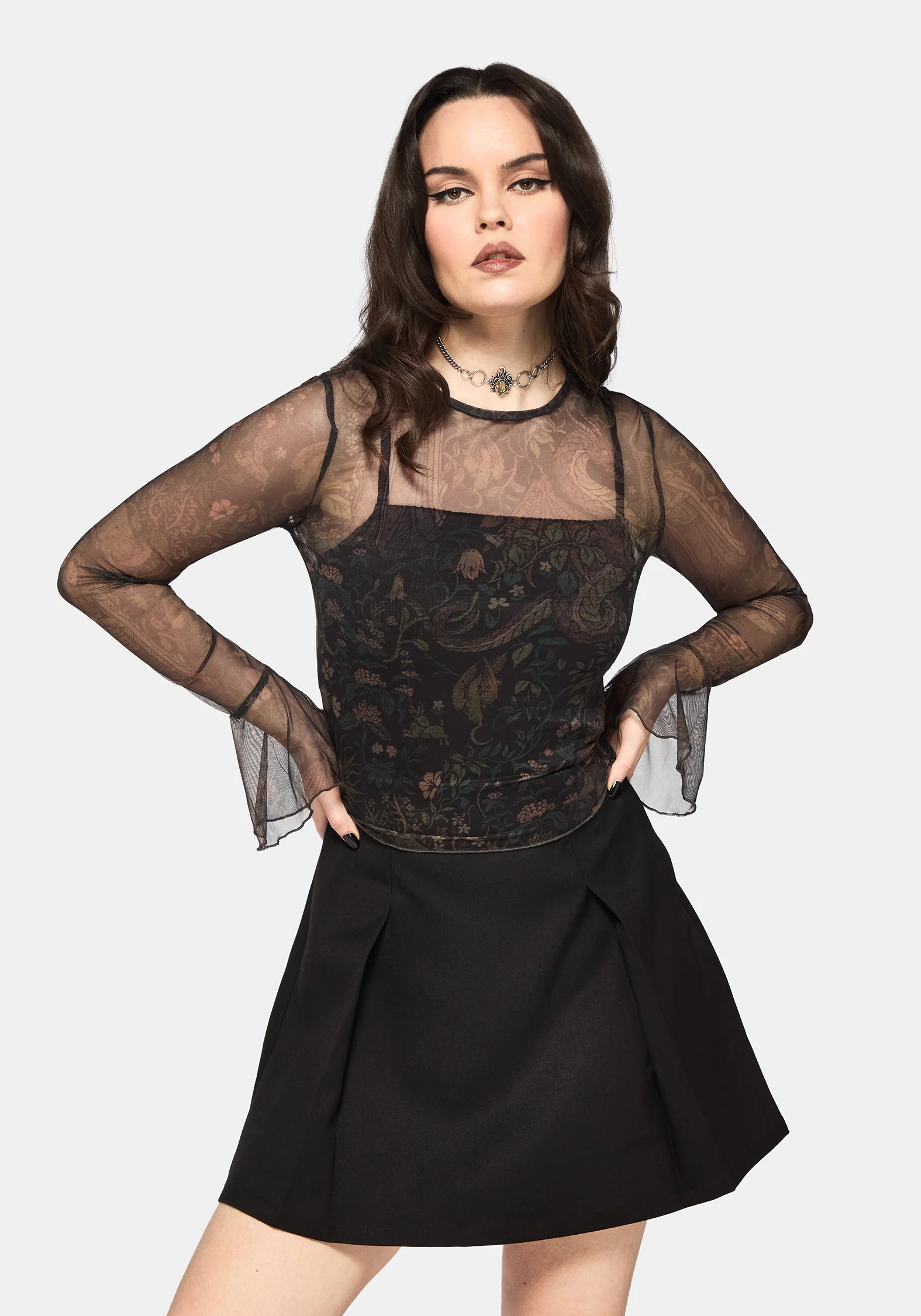 Haunt Fluted Long Sleeved Mesh Print Top - Image 7