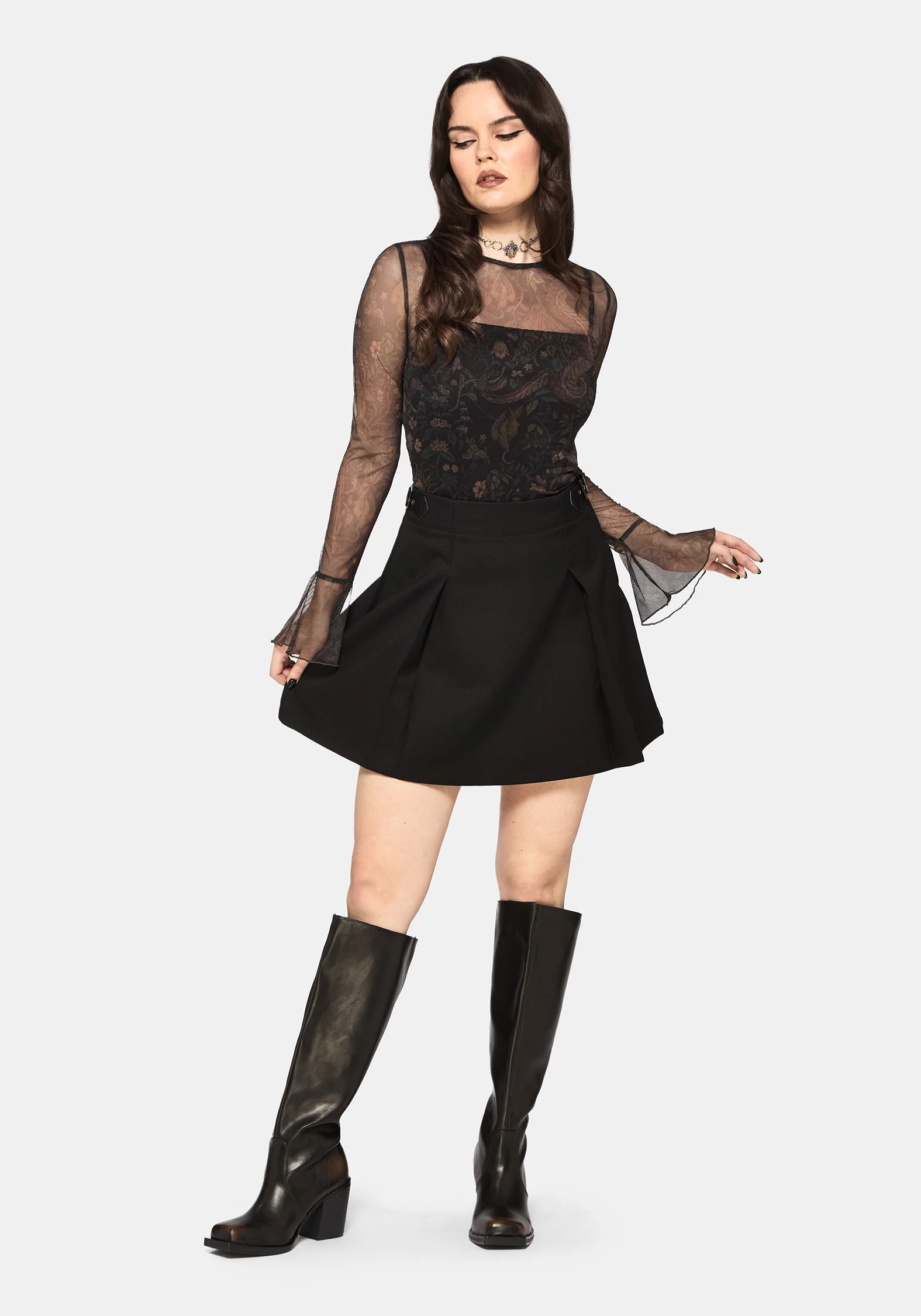 Haunt Fluted Long Sleeved Mesh Print Top - Image 8