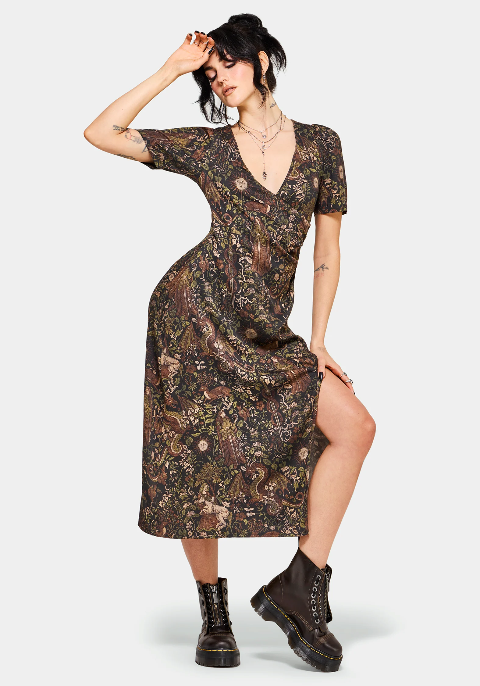Haunt Medieval Print Wrap Midi Shirt Dress
