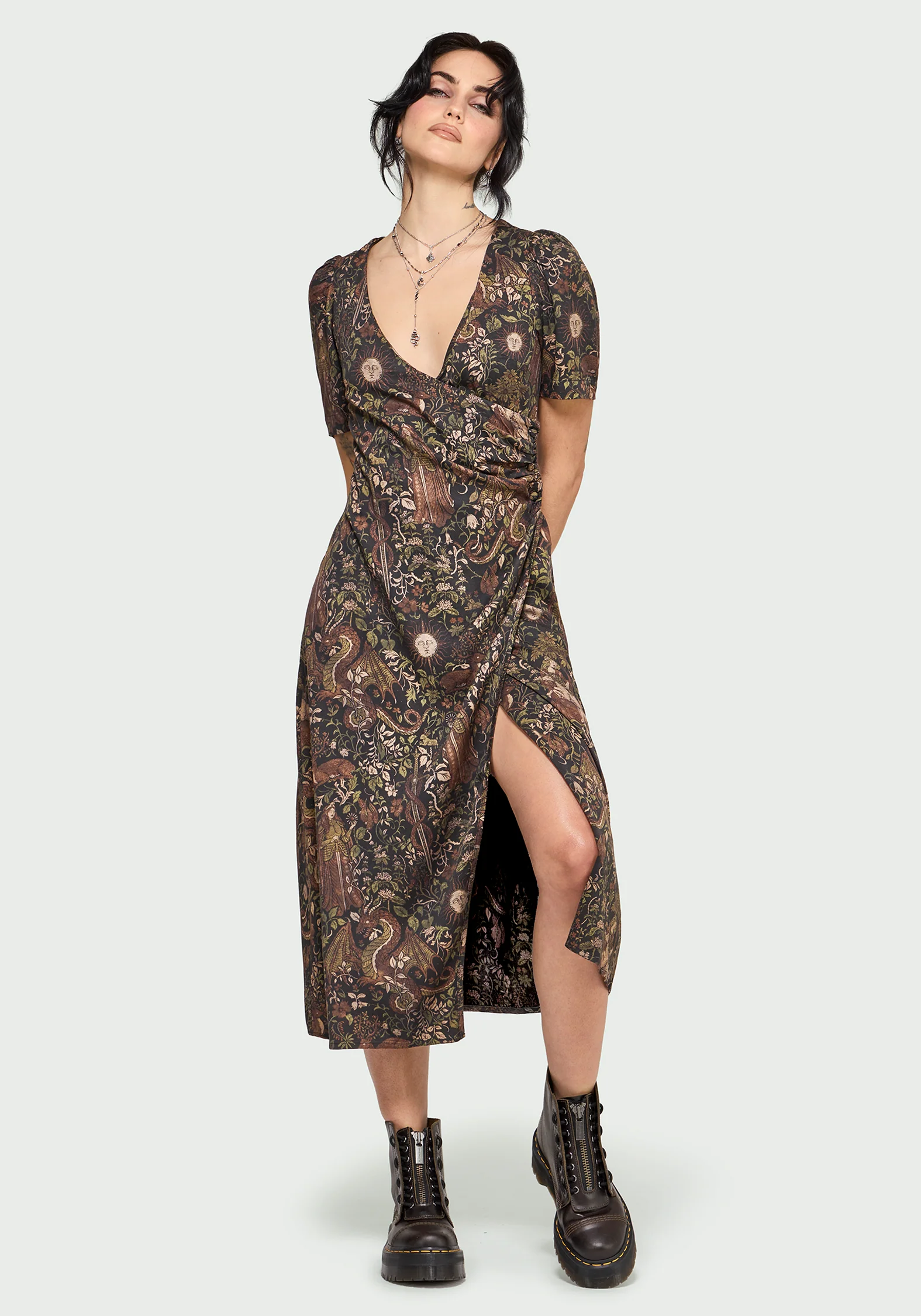 Haunt Medieval Print Wrap Midi Shirt Dress - Image 5