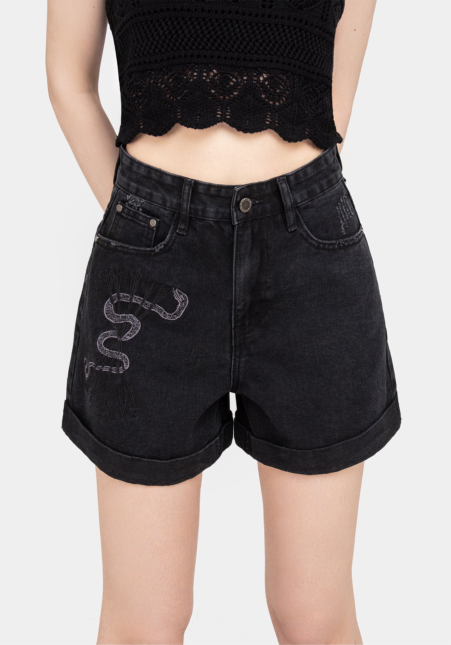 Heroica Embroidered Denim Mom Shorts - Image 5