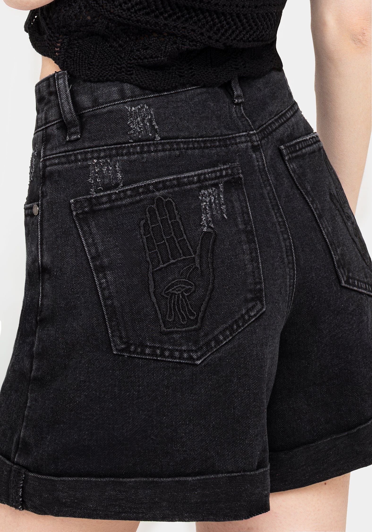 Heroica Embroidered Denim Mom Shorts - Image 8