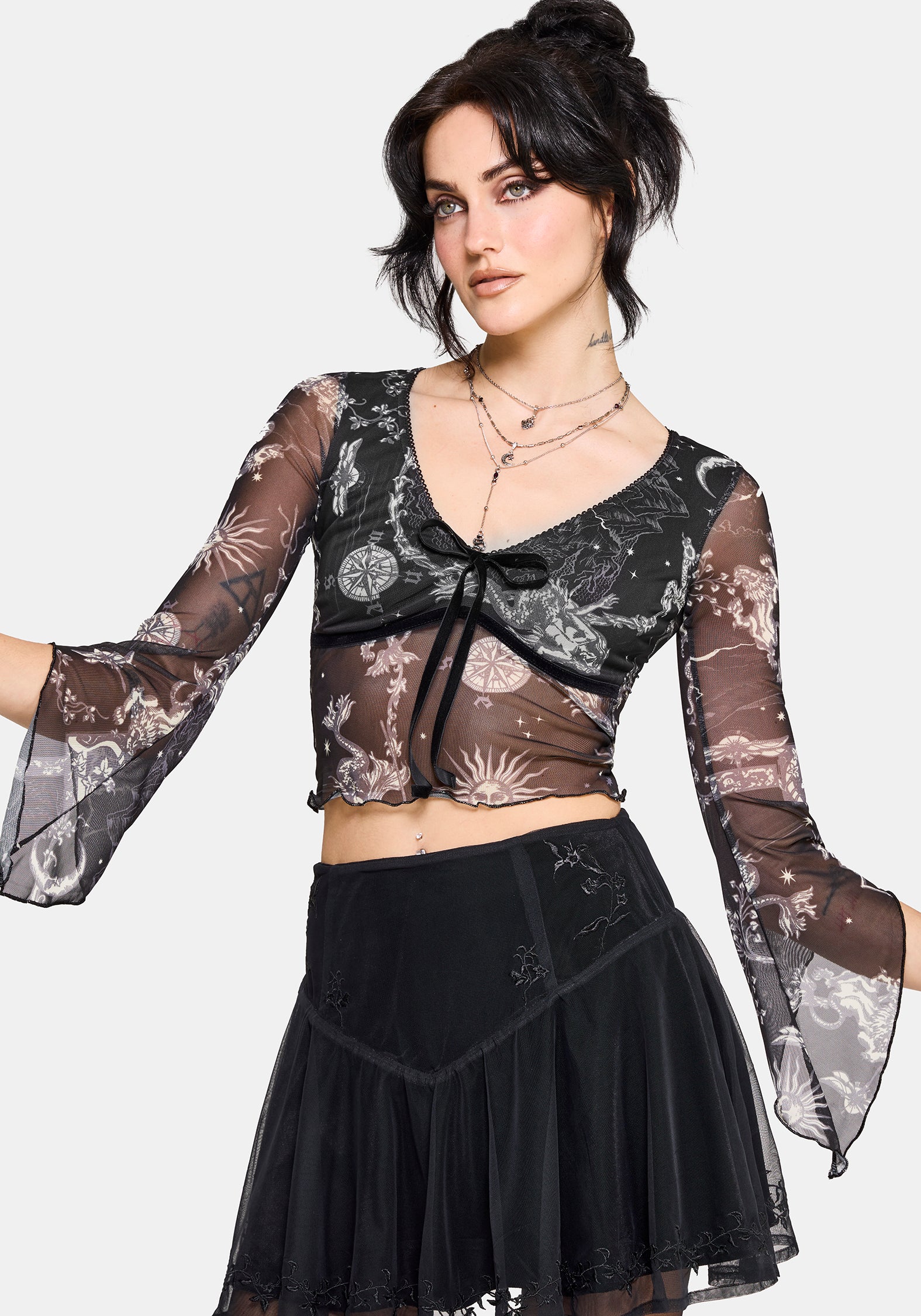 Isolde Medieval Map Velvet Mesh Mix Top - Image 4