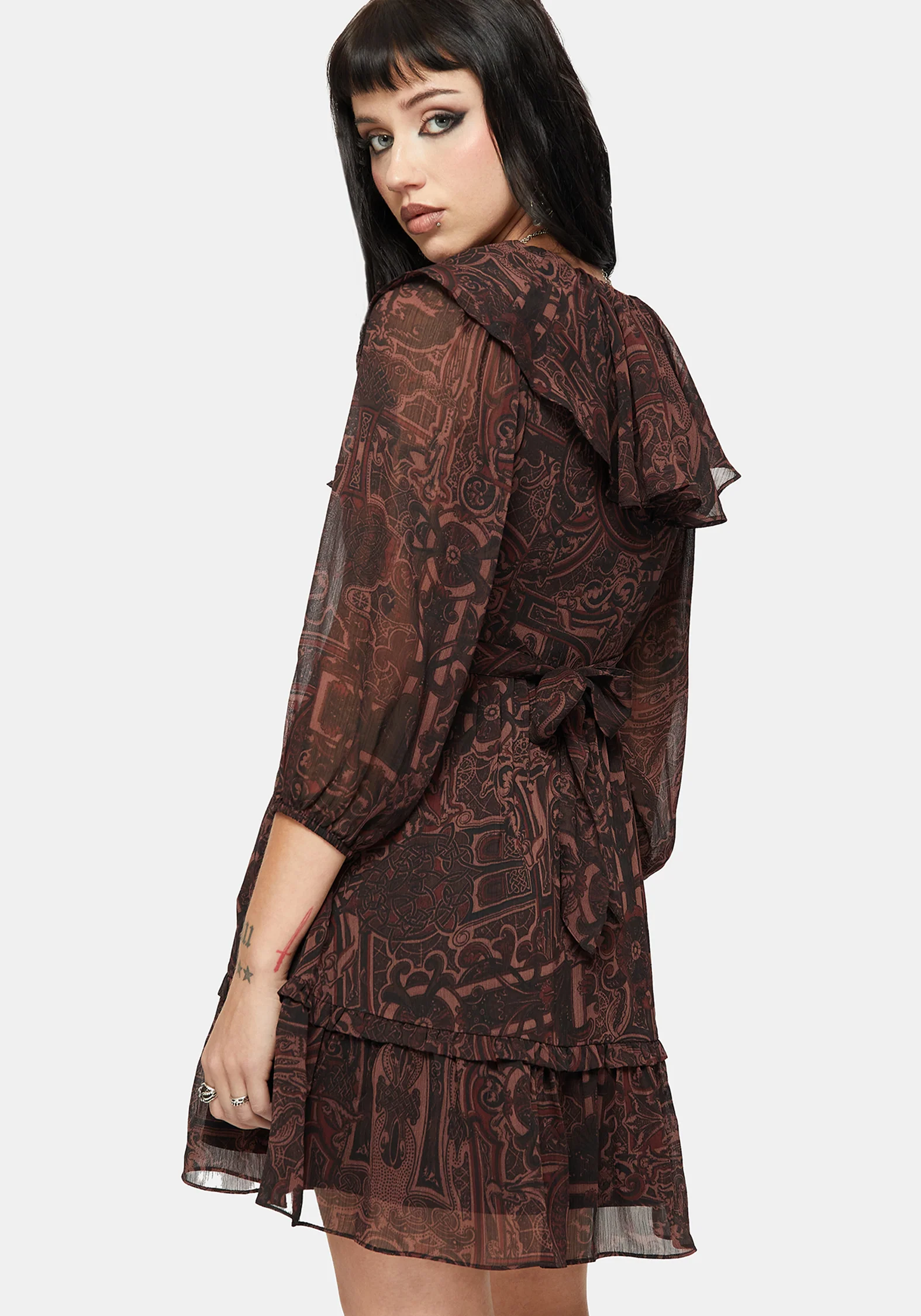 Kells Printed Tie Back Frill Mini Dress - Image 2