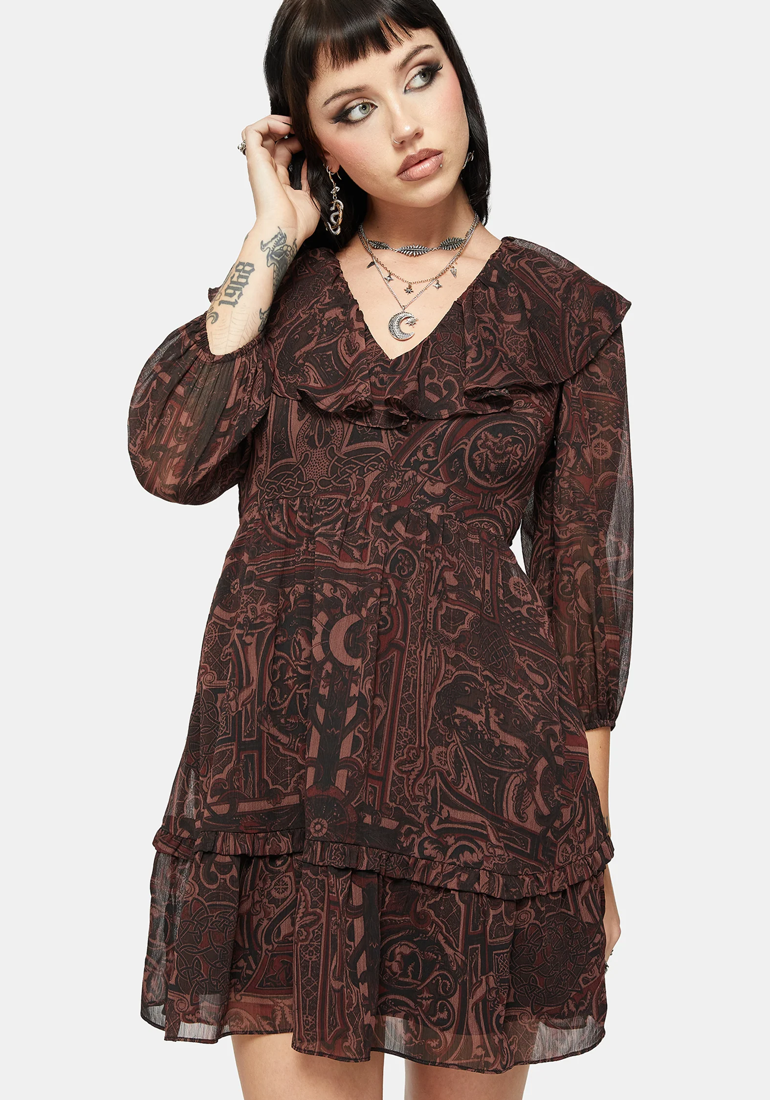 Kells Printed Tie Back Frill Mini Dress - Image 3