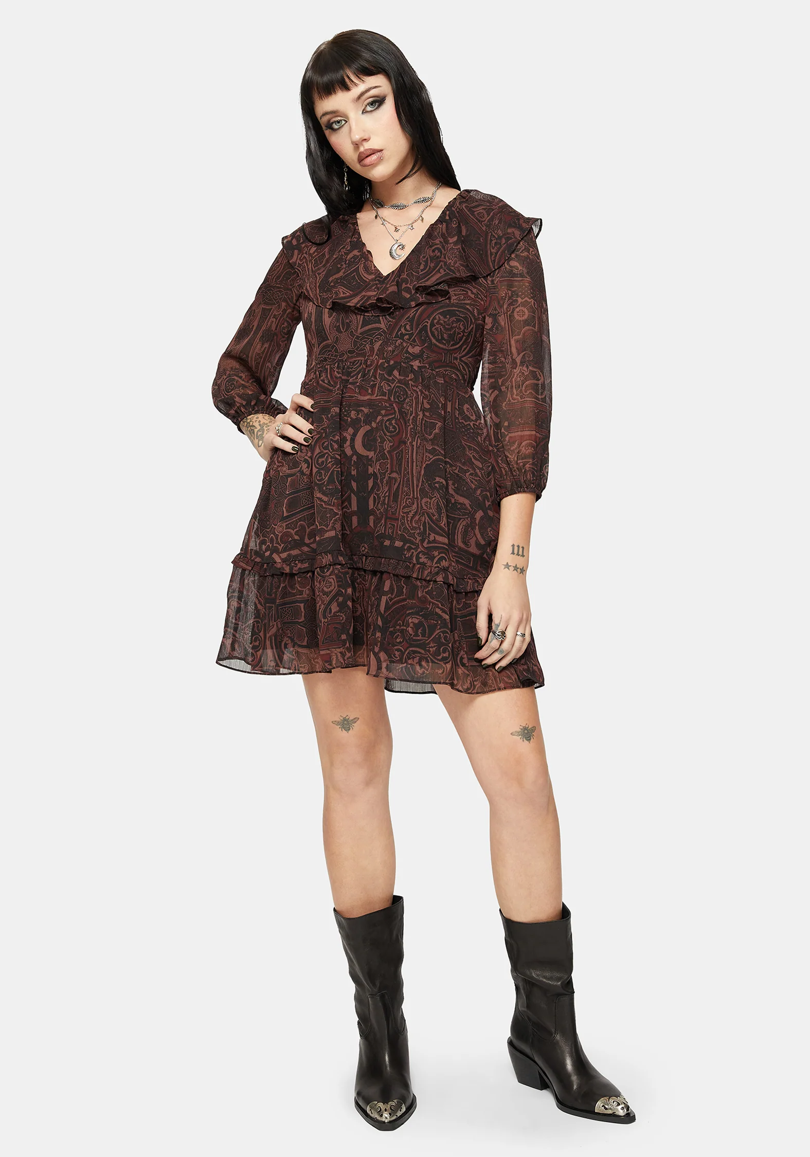 Kells Printed Tie Back Frill Mini Dress - Image 5