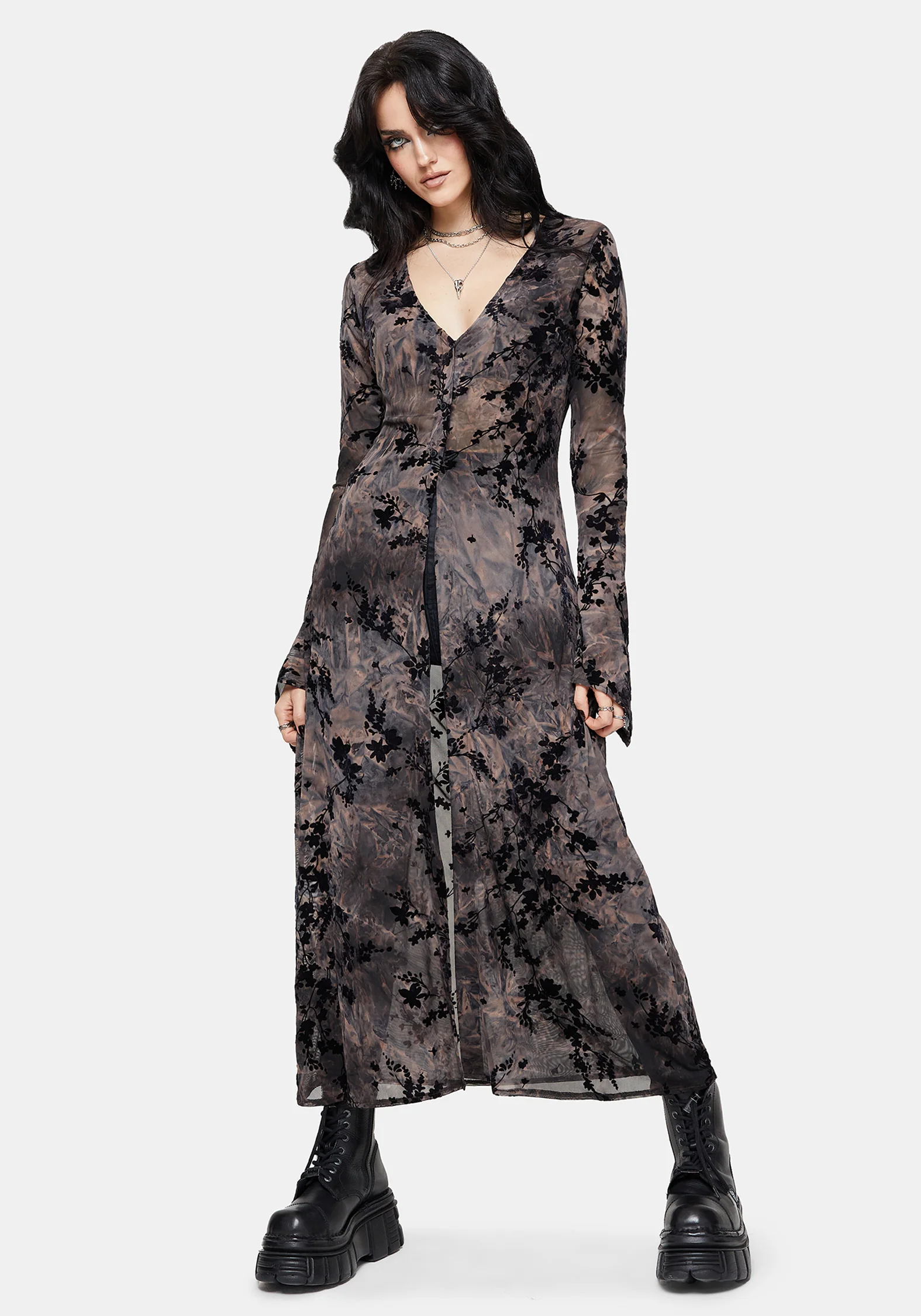 Monroe Flocked Mesh Long Sleeve Midaxi Overdress