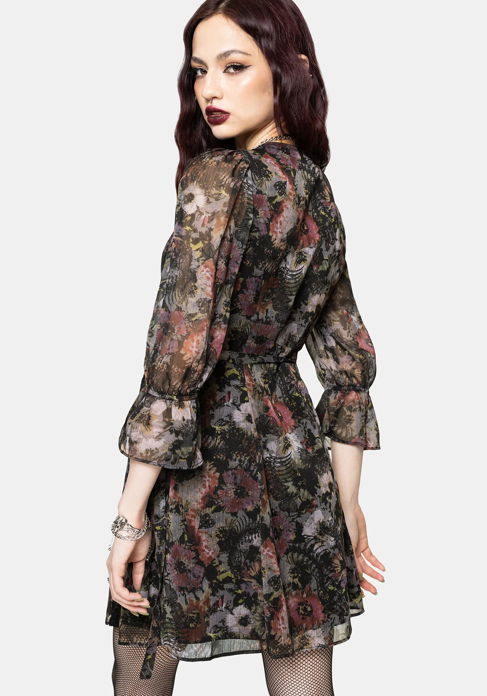 Mortua Grunge Floral Print Lace Trim Mini Wrap Dress - Image 3