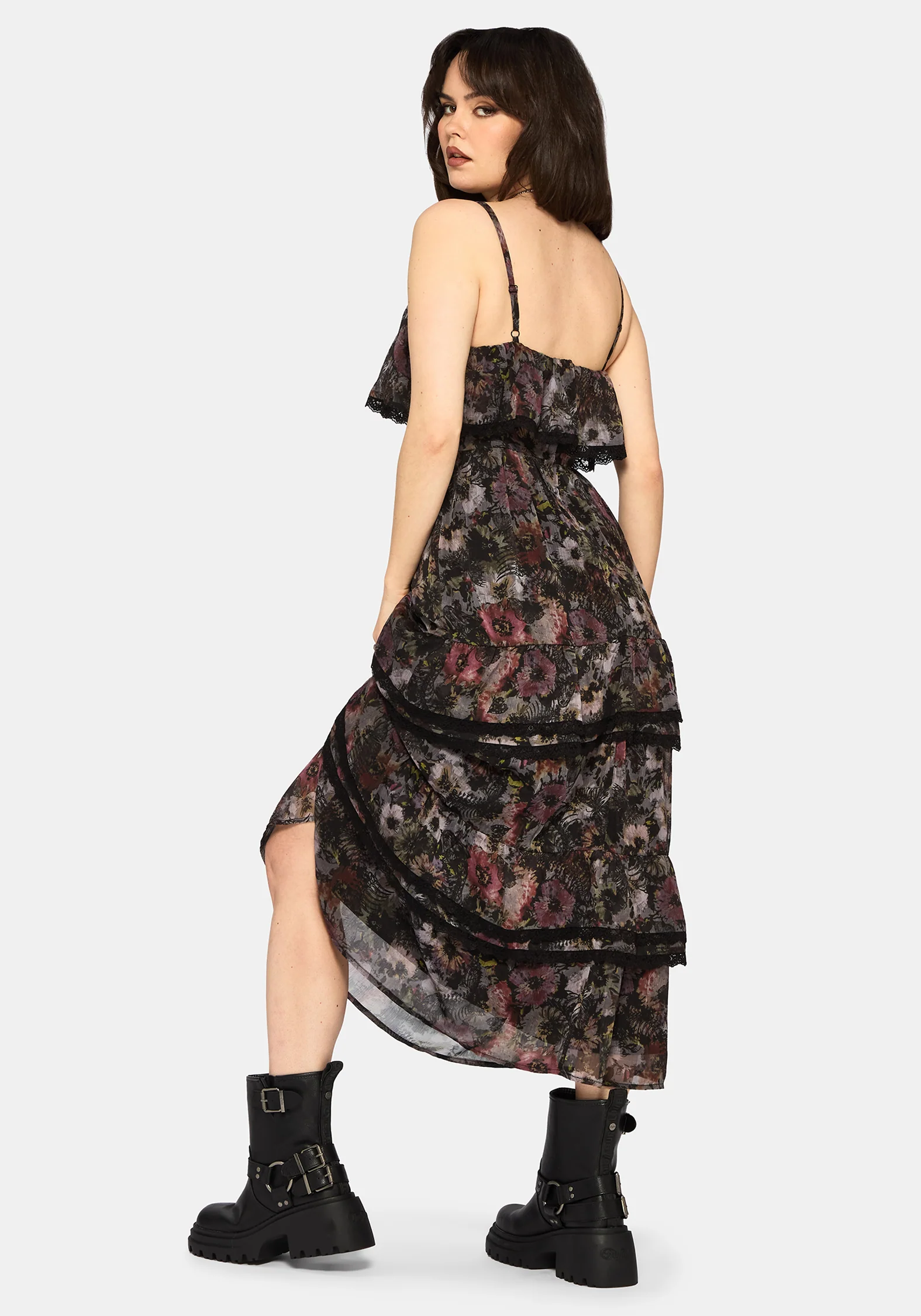 Mortua Grunge Floral Print Peplum Frill Cami Maxi Dress - Image 3
