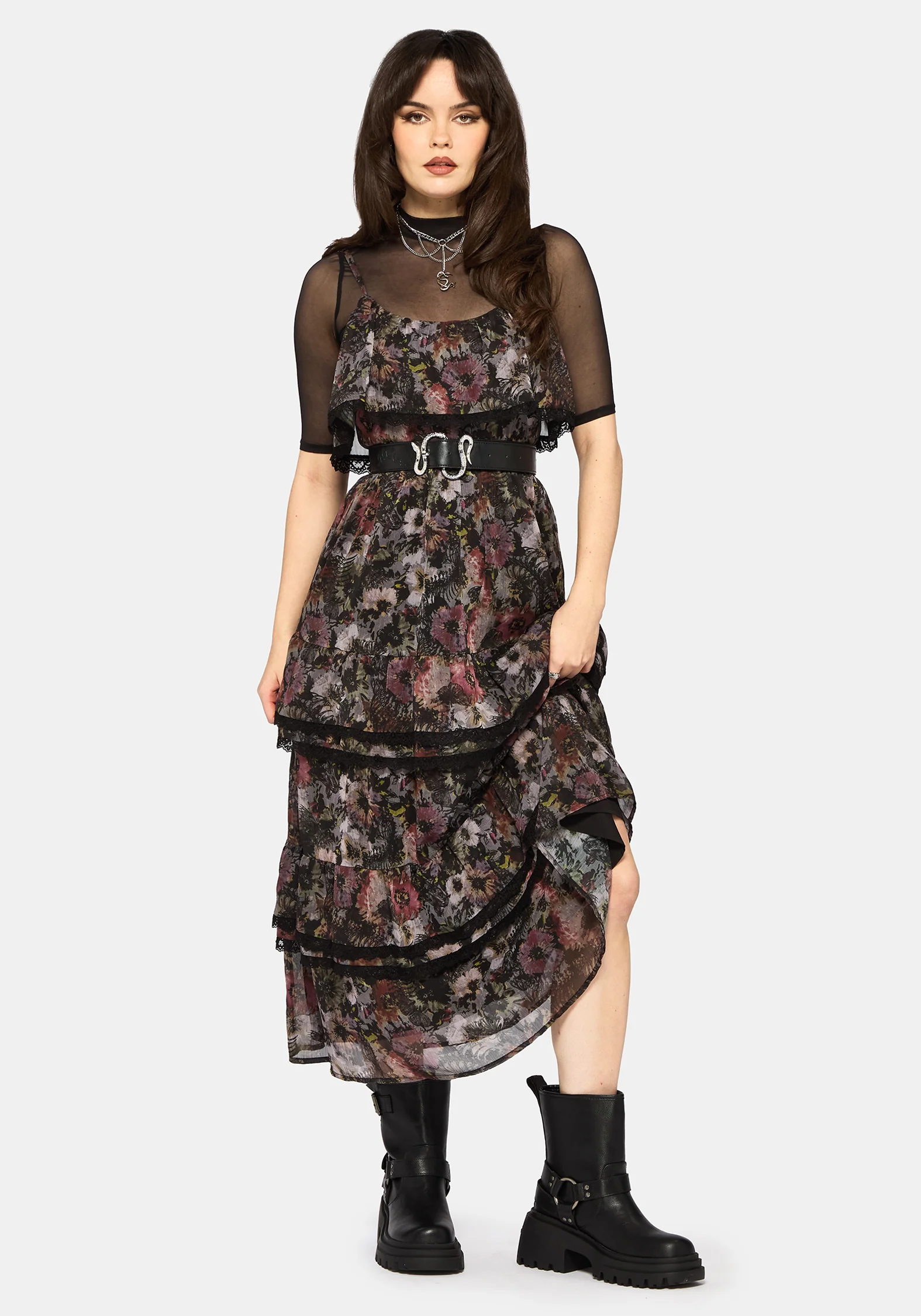 Mortua Grunge Floral Print Peplum Frill Cami Maxi Dress - Image 4
