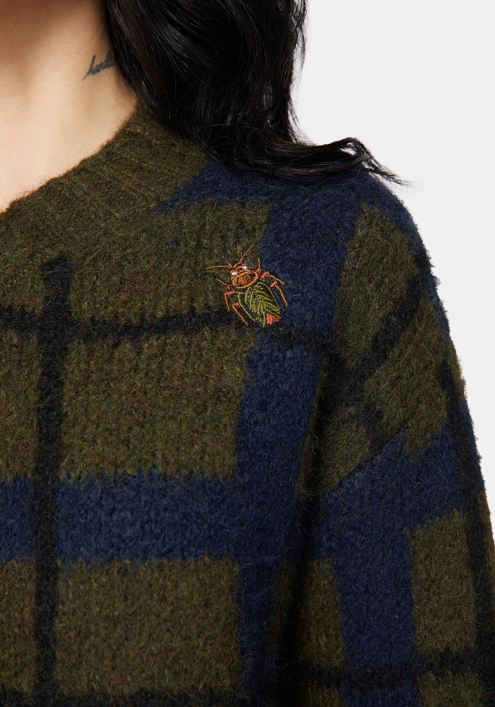Nelly Spliced Check Bug Jacquard Cropped Knit Jumper - Image 2