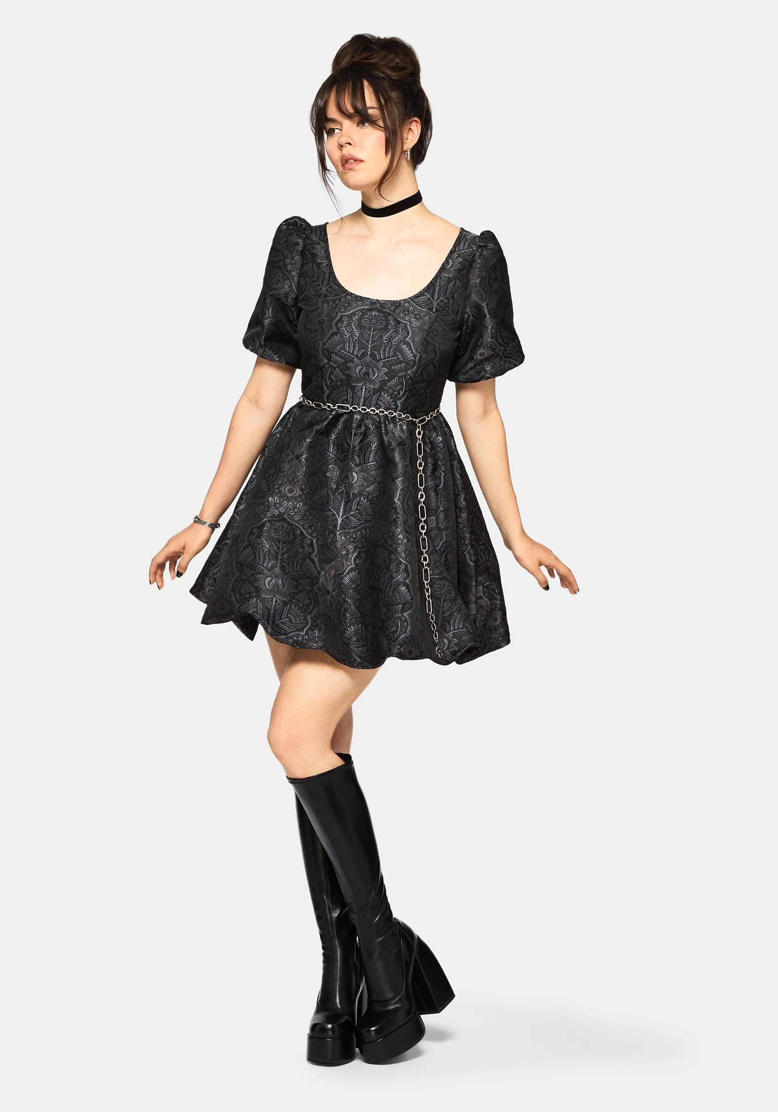 Nocturna Jacquard Scoop Neck Puffball Mini Dress - Image 4