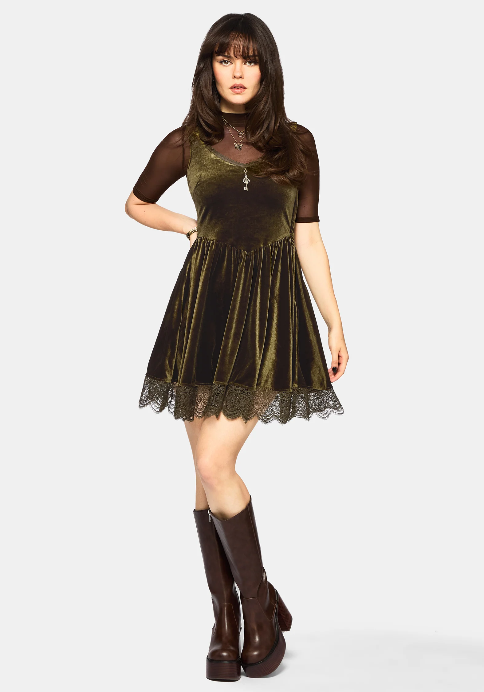 Orbweb Lace Hem Velour Mini Dress - Dark Green - Image 6