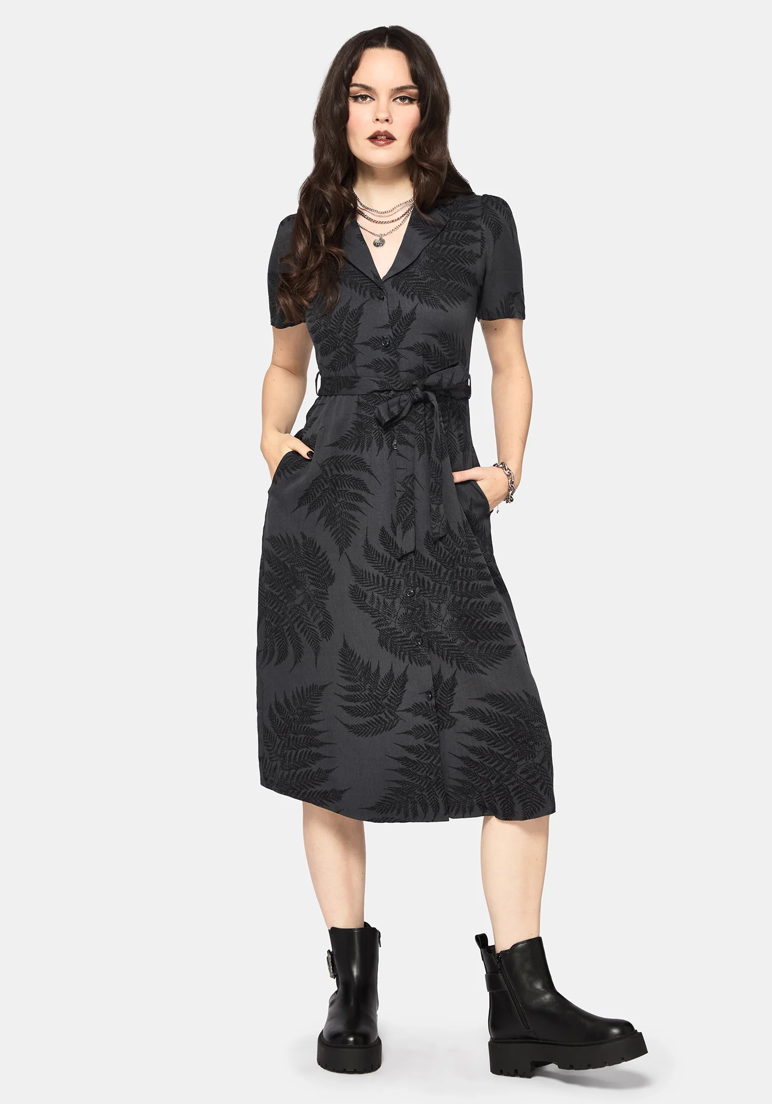 Ruin Fern Printed Button Up Midi Shirt Dress - Grey - Image 4