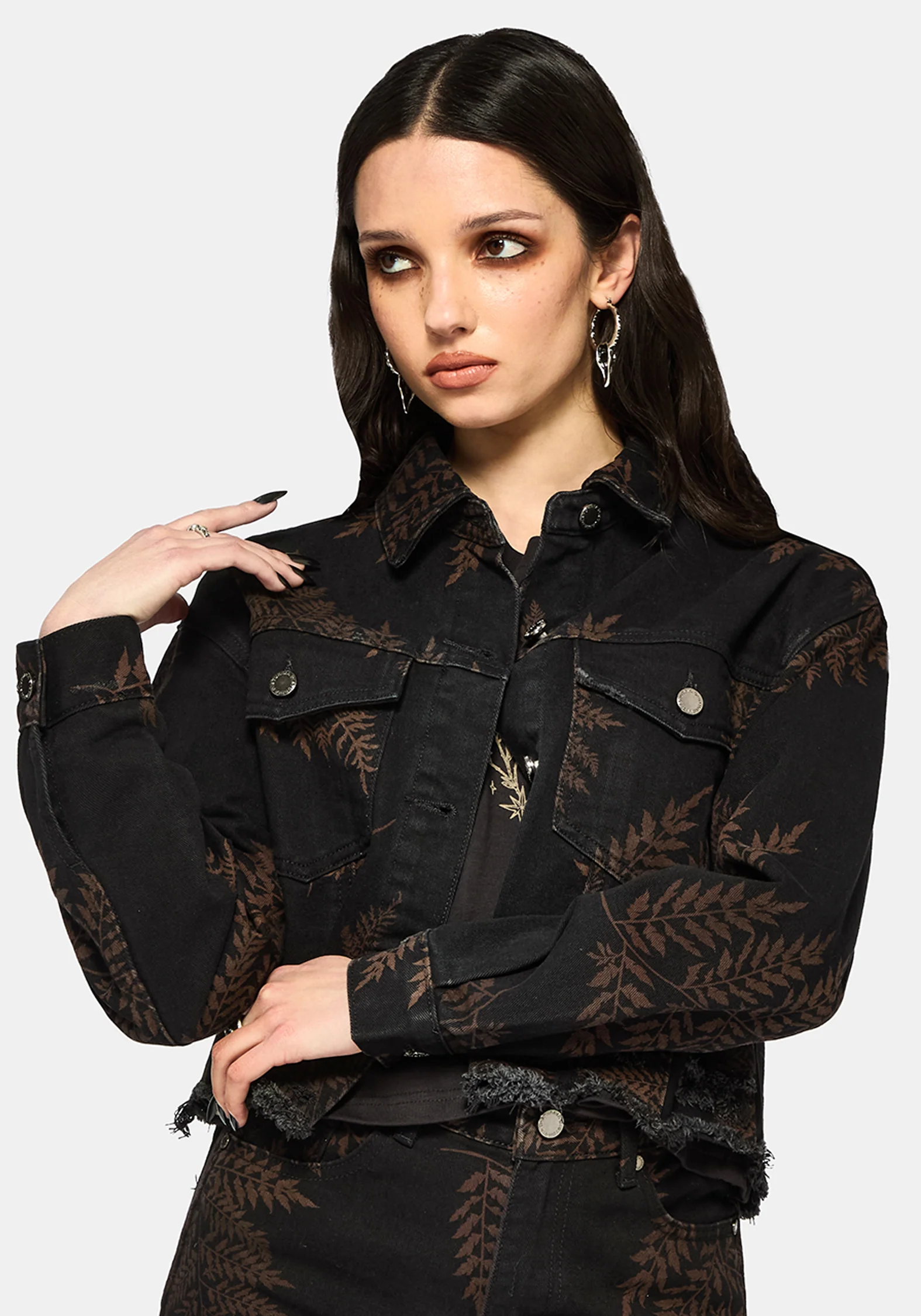 Ruin Fern Printed Distressed Denim Jacket
