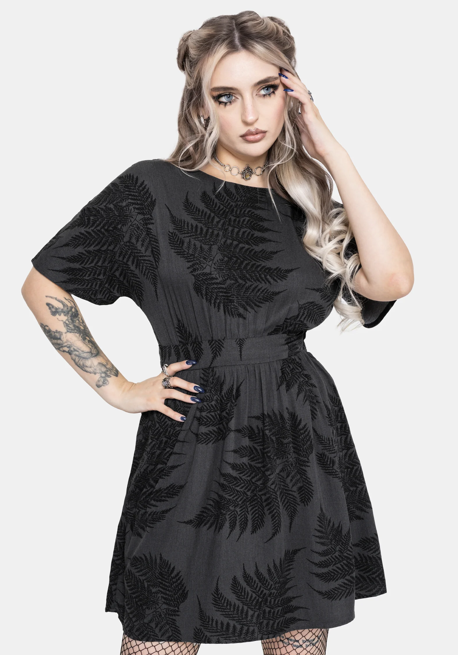 Ruin Fern Printed Tie Back Mini Dress - Grey