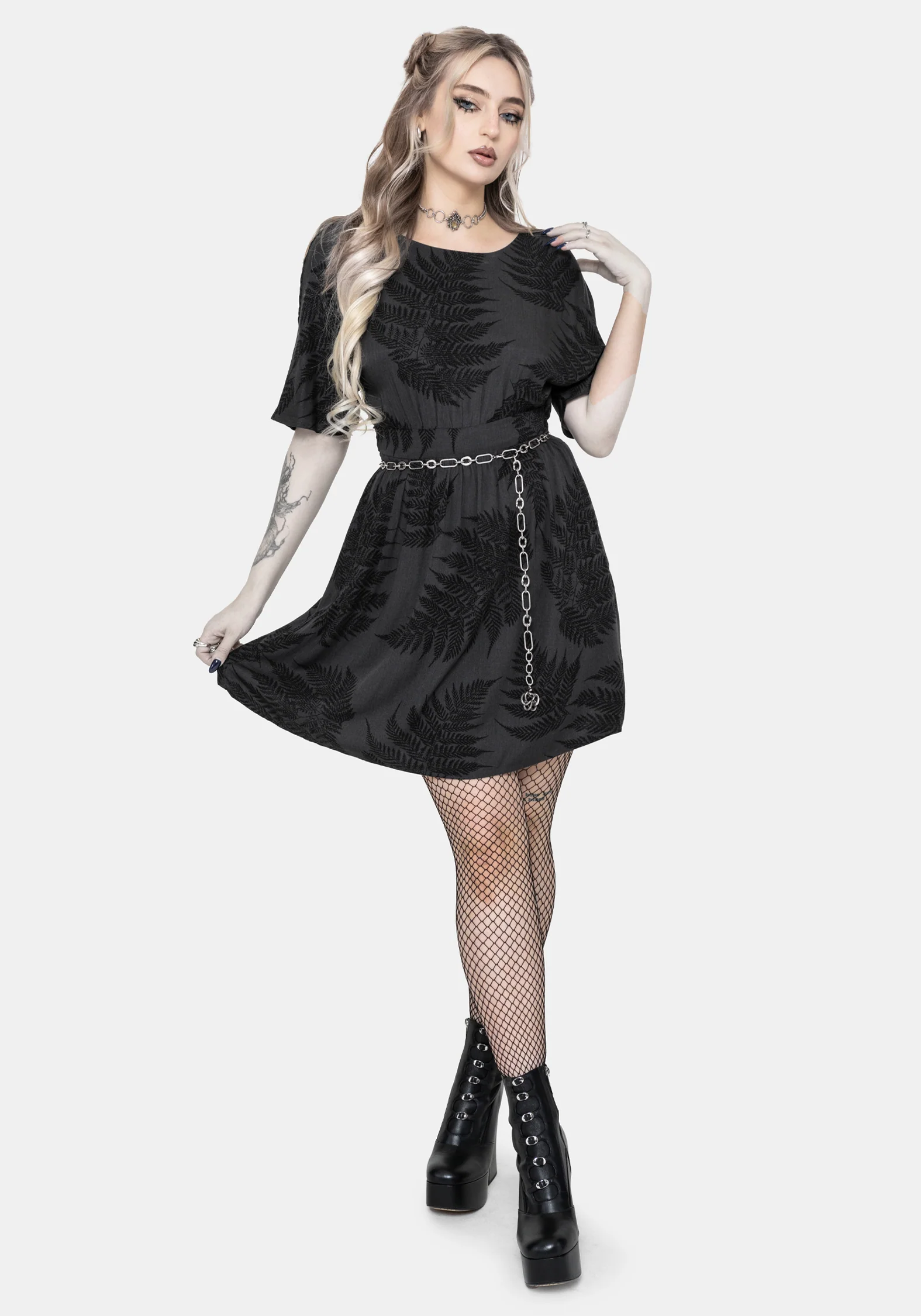 Ruin Fern Printed Tie Back Mini Dress - Grey - Image 4