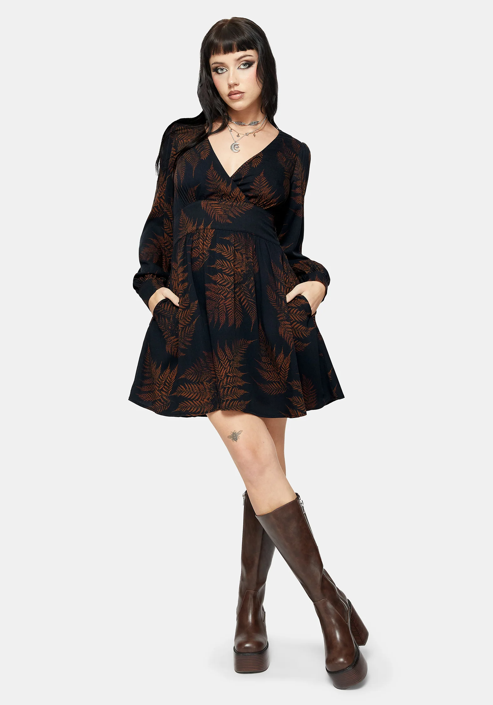 Ruin Fern Printed V-Neck Mini Dress - Brown - Image 4