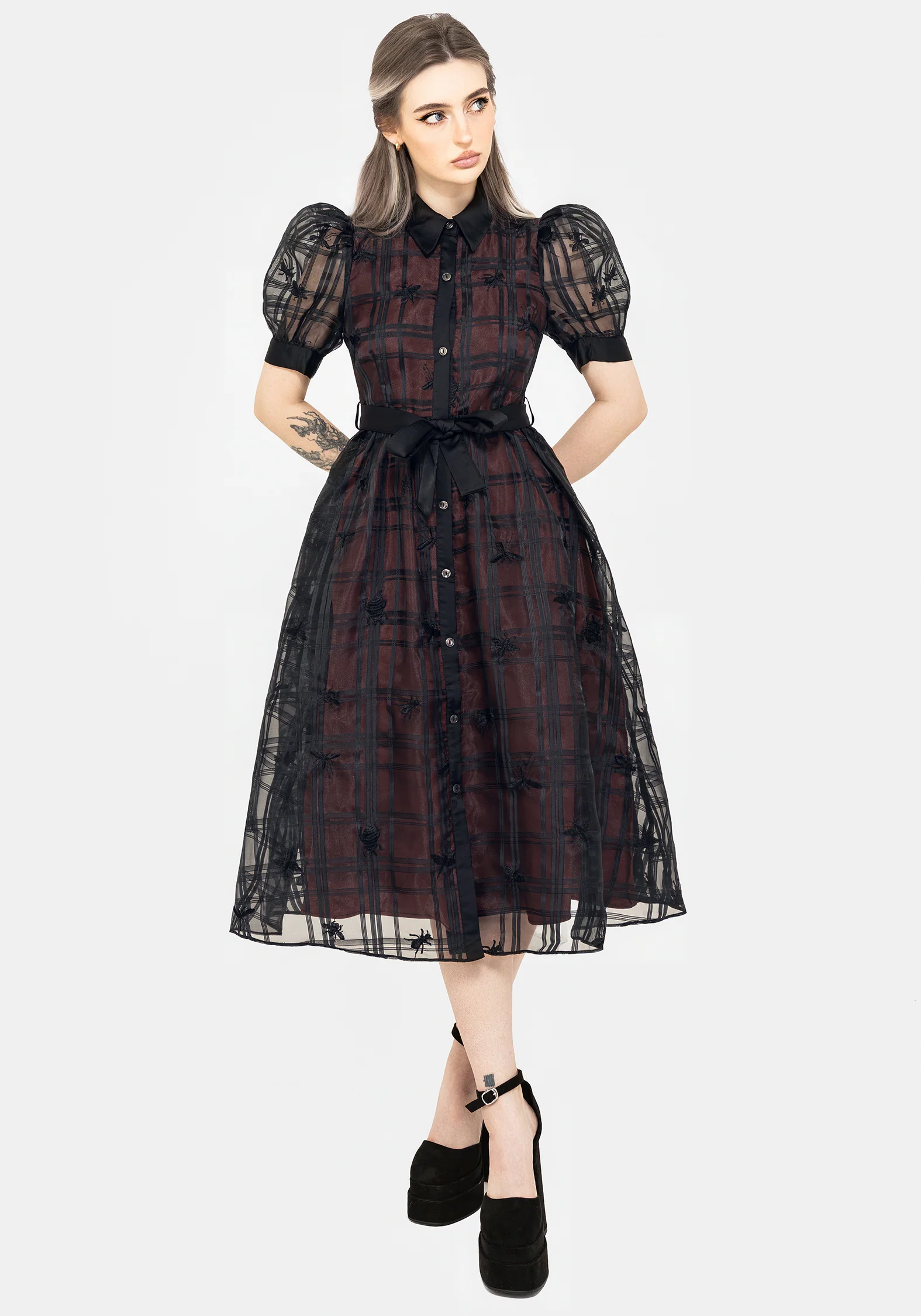 Sedona Organza Check Embroidered Puff Sleeve Midi Shirt Dress
