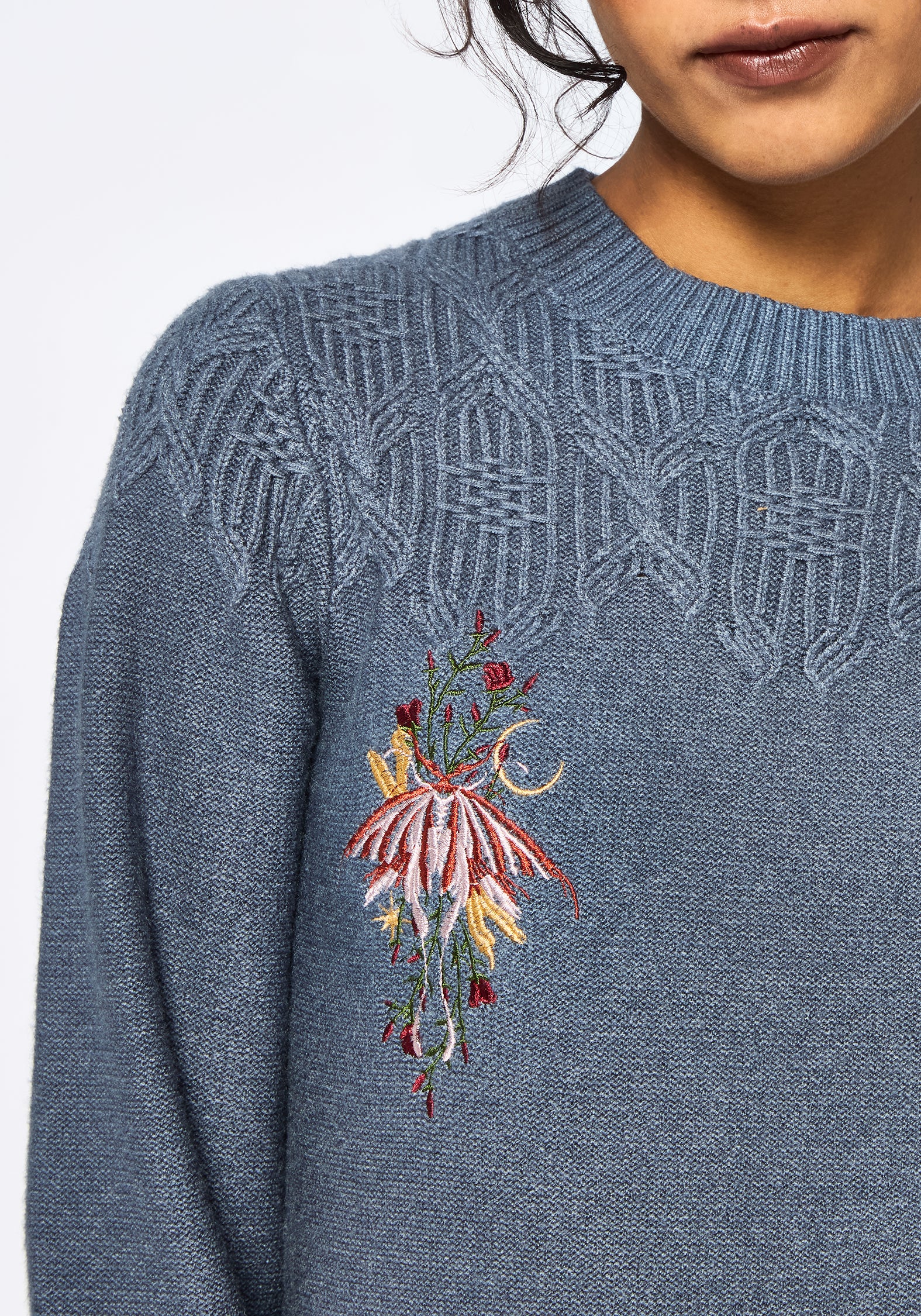 Selenia Moth Embroidered Cable Twist Knit Jumper - Blue - Image 2